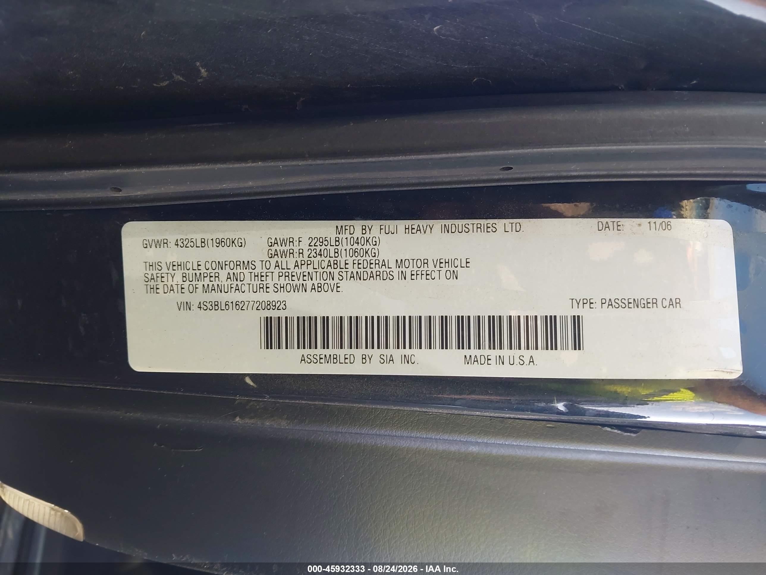 2007 Subaru Legacy 2.5i Черный vin: 4S3BL616277208923