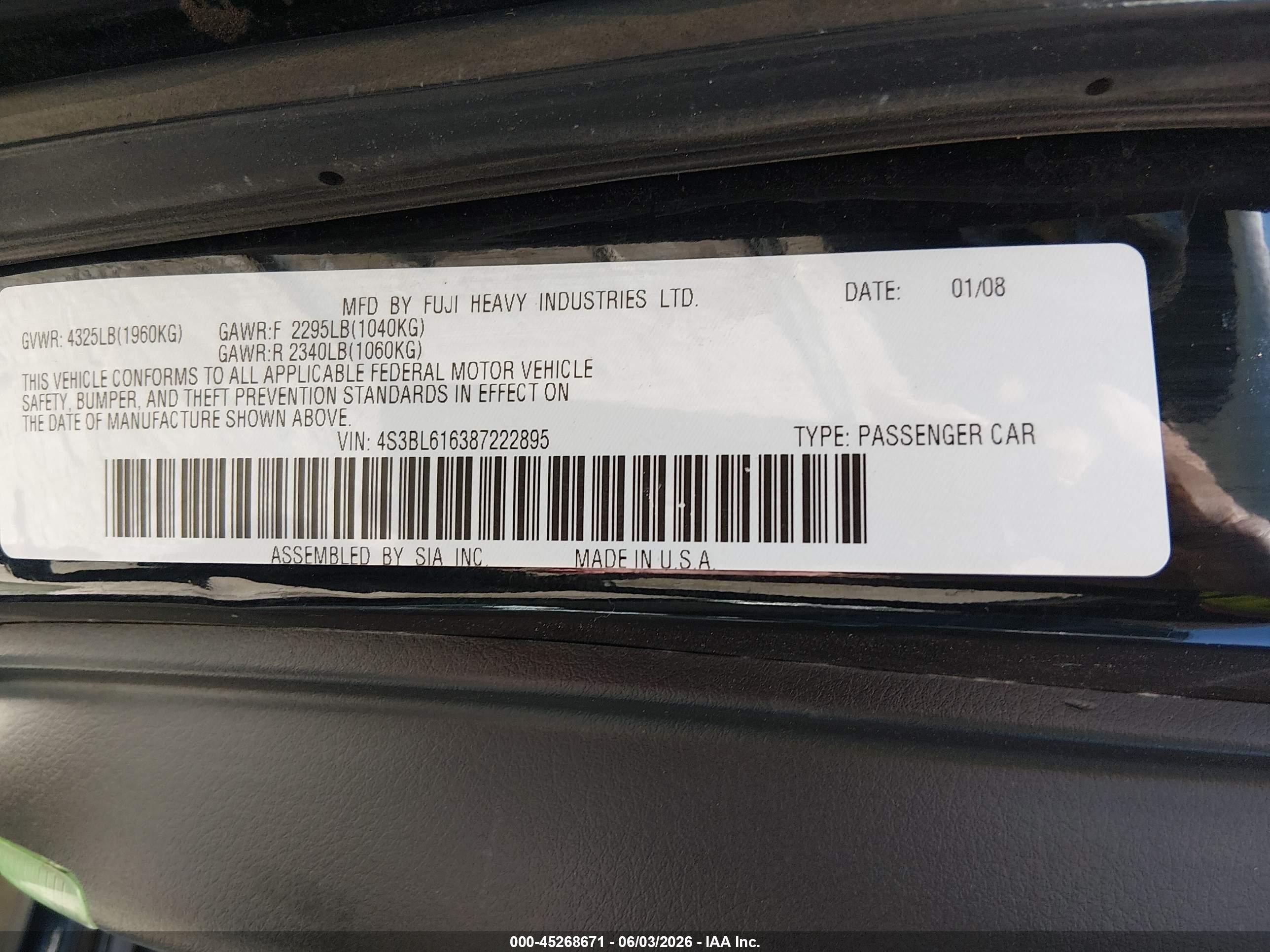 2008 Subaru Legacy 2.5i Черный vin: 4S3BL616387222895