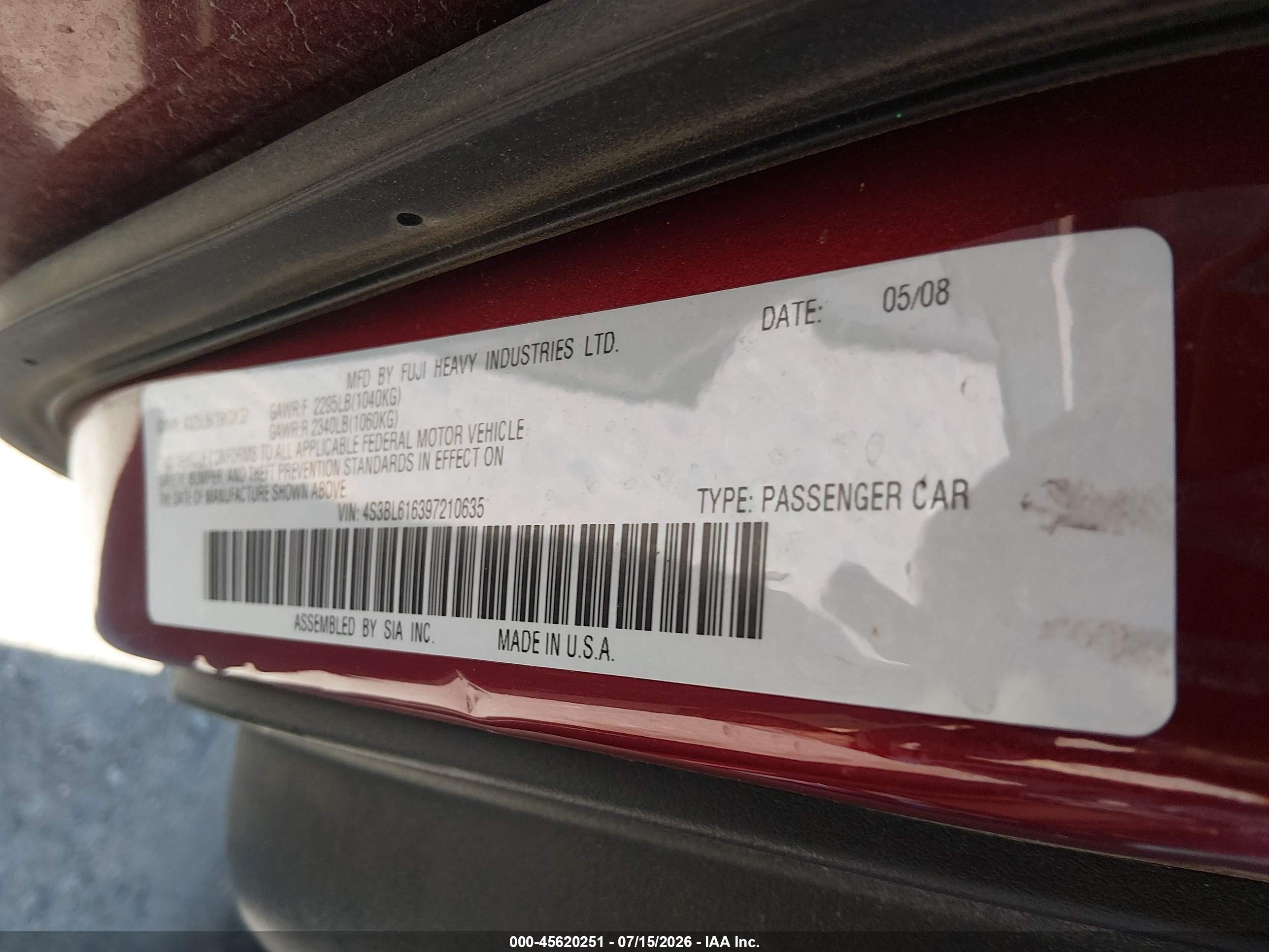 2009 Subaru Legacy 2.5i Red vin: 4S3BL616397210635