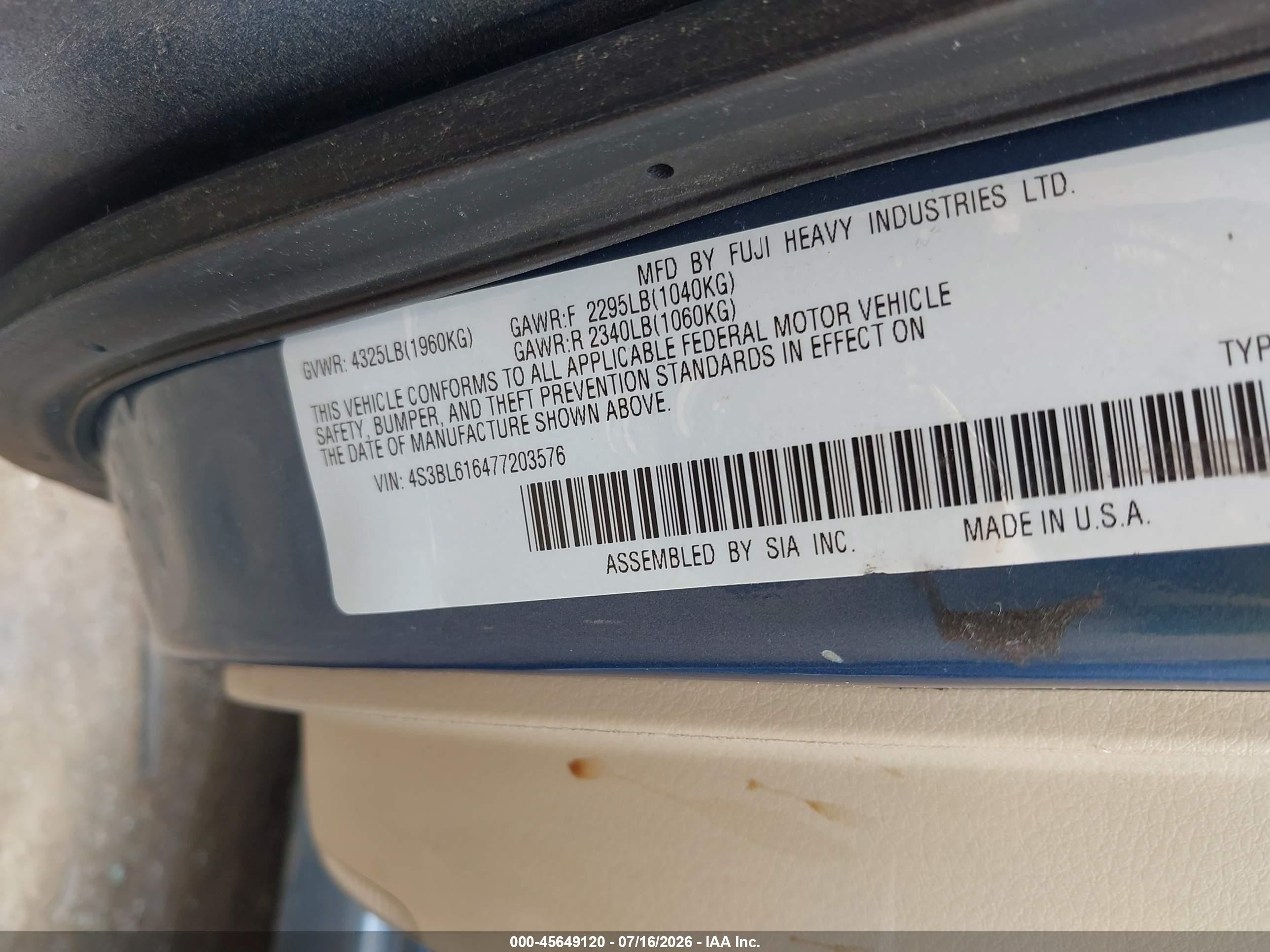 2007 Subaru Legacy 2.5i Light Blue vin: 4S3BL616477203576