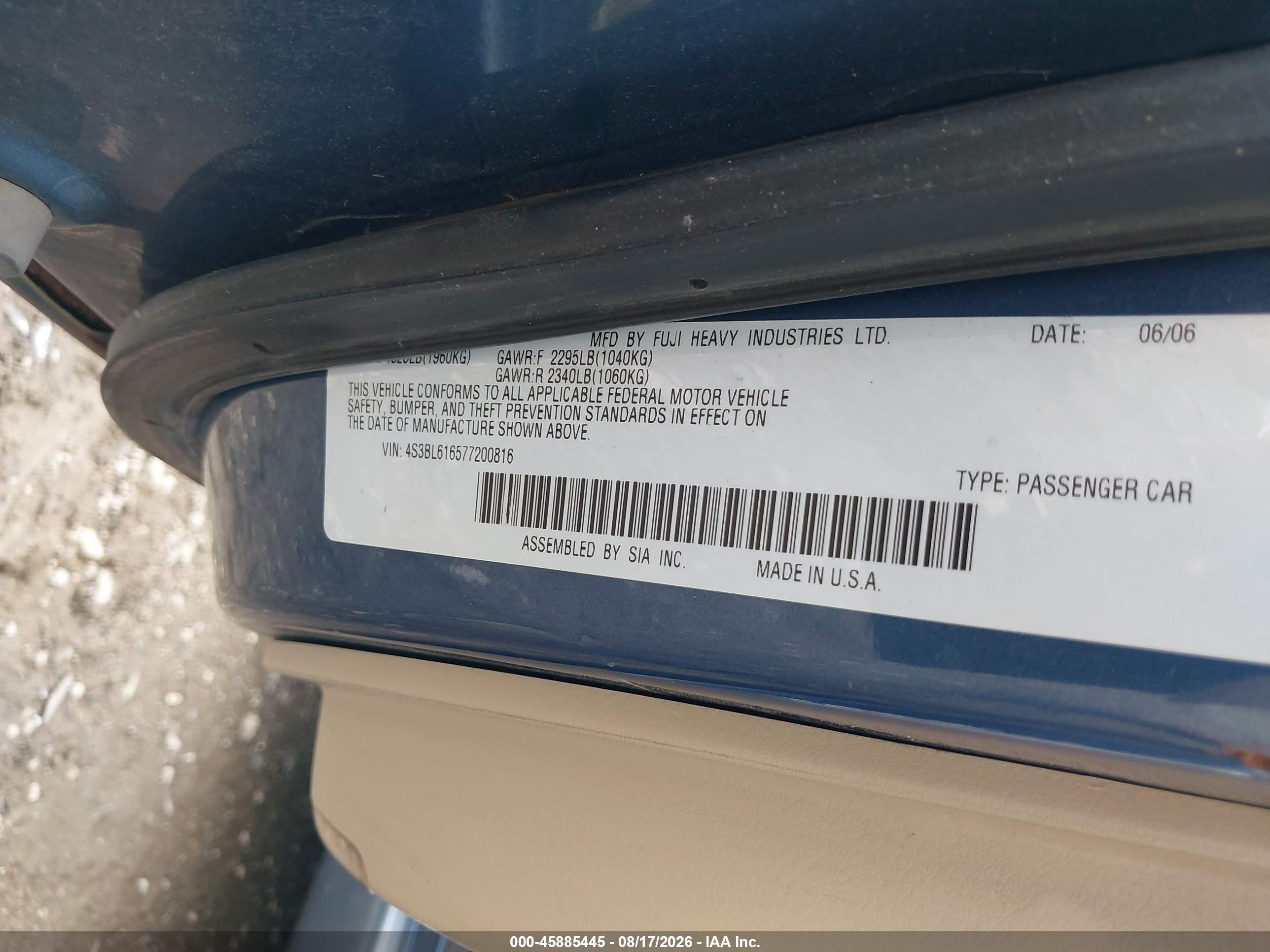 2007 Subaru Legacy 2.5i Blue vin: 4S3BL616577200816