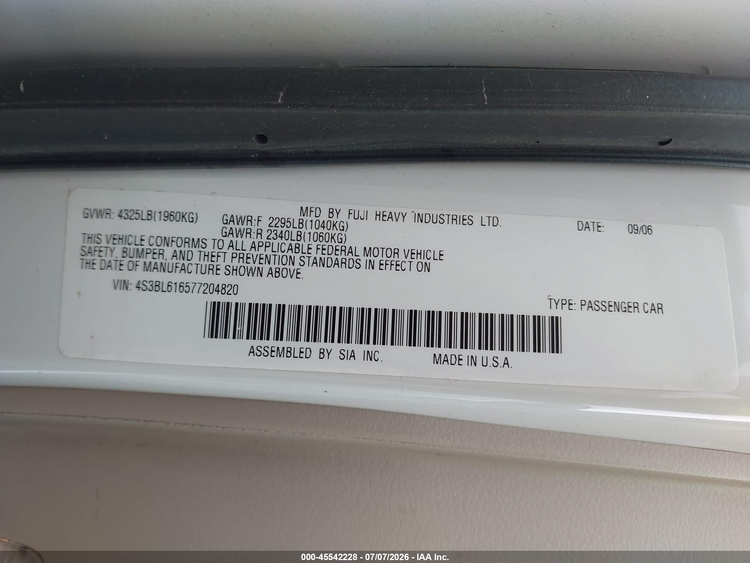 2007 Subaru Legacy 2.5i Белый vin: 4S3BL616577204820
