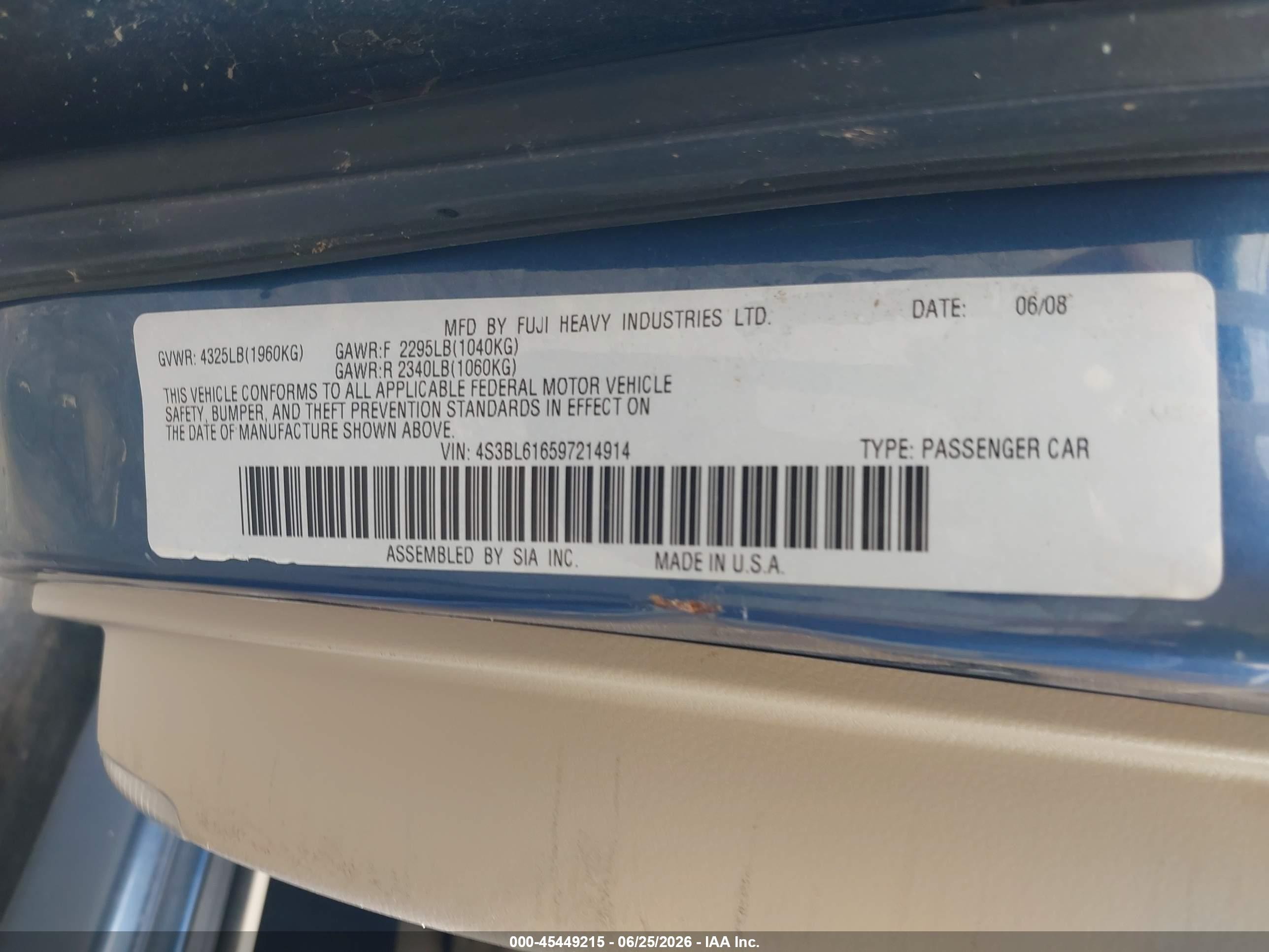 2009 Subaru Legacy 2.5i Синий vin: 4S3BL616597214914