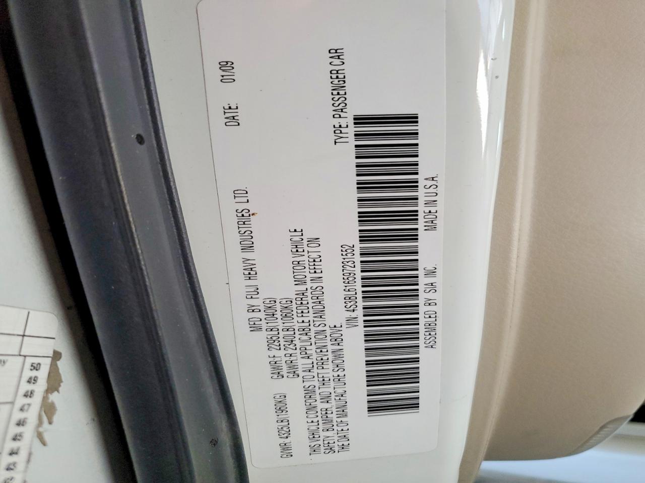 2009 Subaru Legacy 2.5i White vin: 4S3BL616597231552