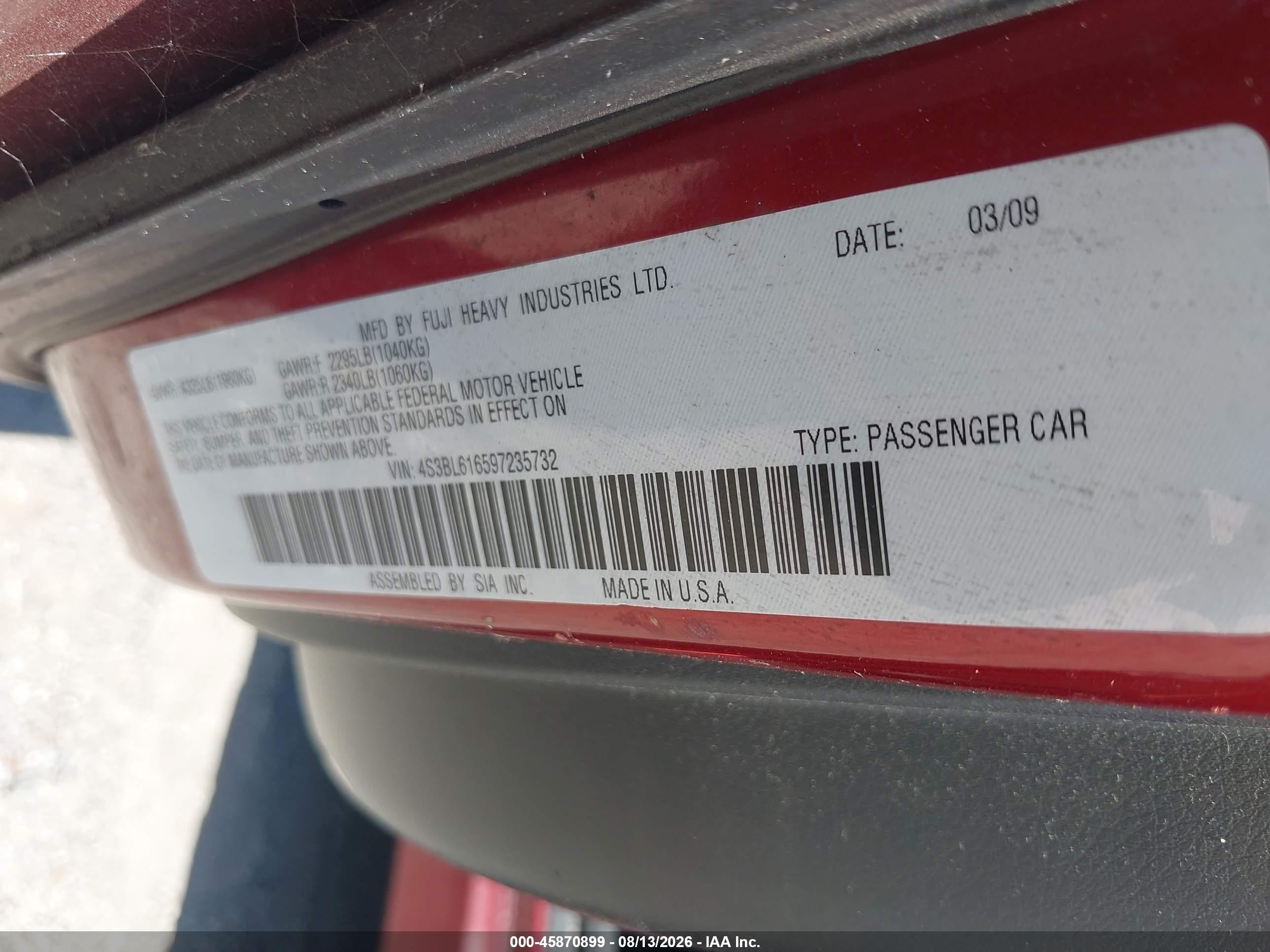 2009 Subaru Legacy 2.5i Красный vin: 4S3BL616597235732