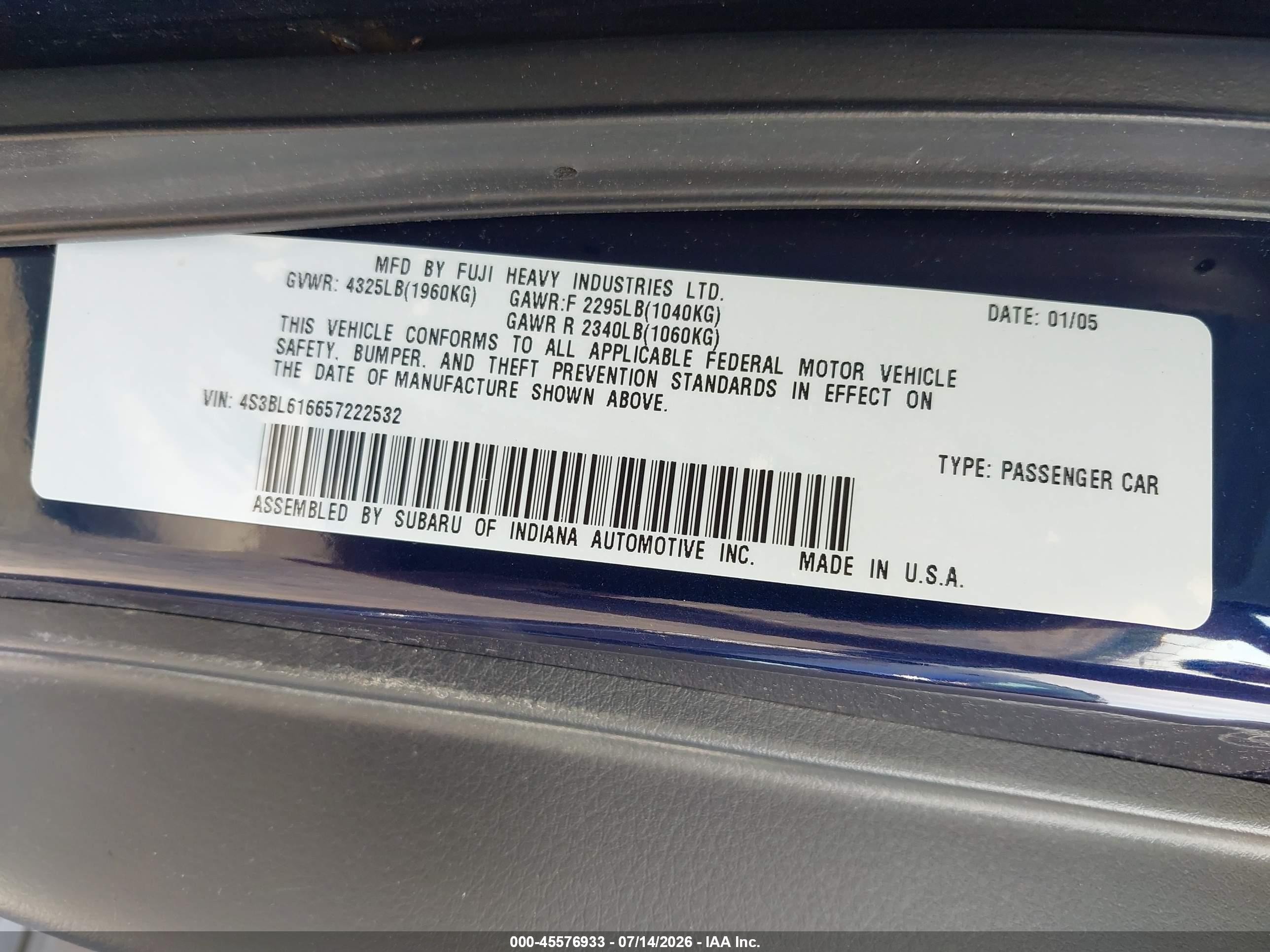 2005 Subaru Legacy 2.5i Blue vin: 4S3BL616657222532