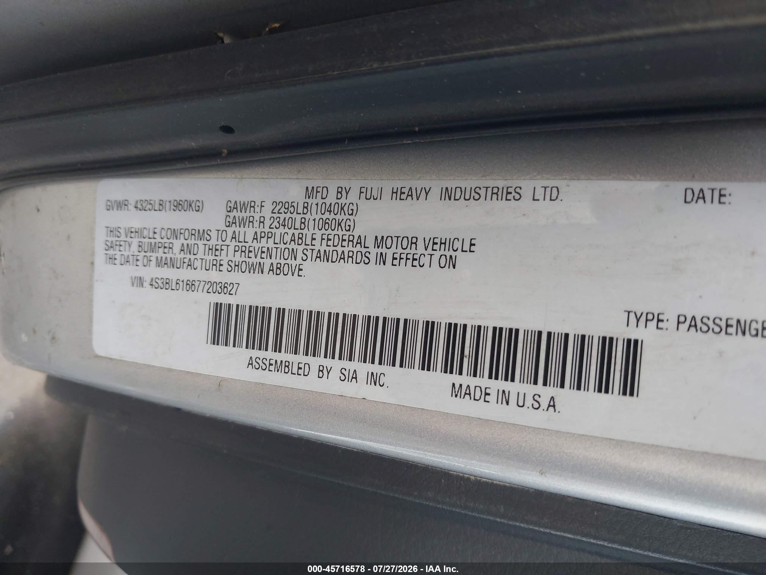 2007 Subaru Legacy 2.5i Серебряный vin: 4S3BL616677203627
