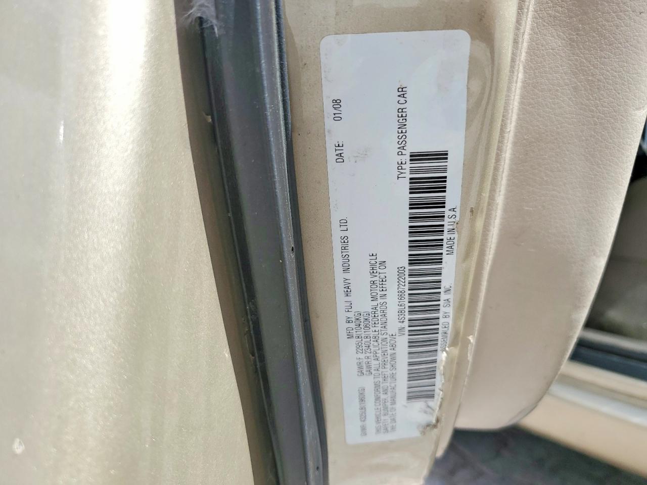 2008 Subaru Legacy 2.5i Beige vin: 4S3BL616687222003