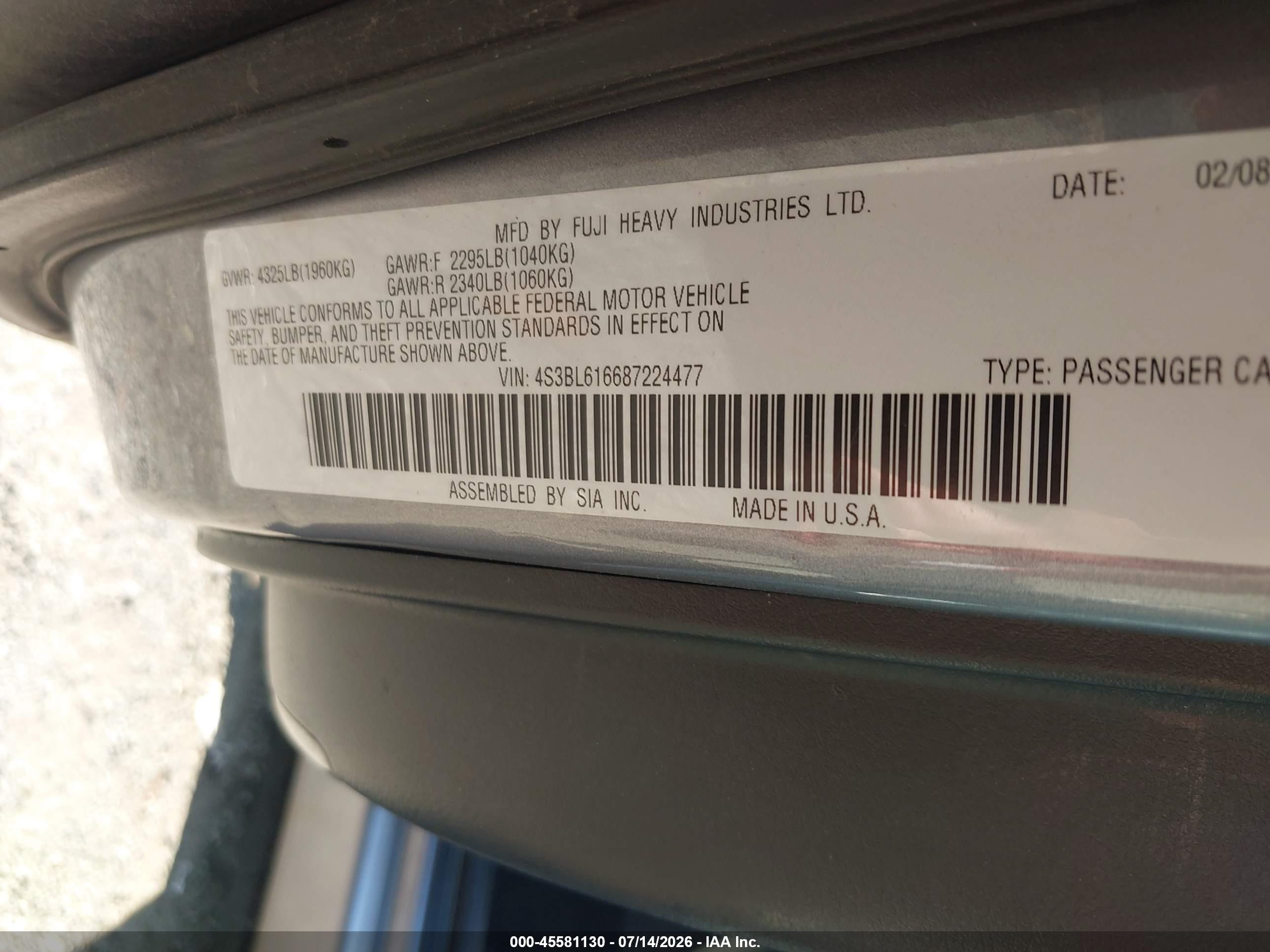 2008 Subaru Legacy (natl) 2.5i (a4)/special Edition Silver vin: 4S3BL616687224477