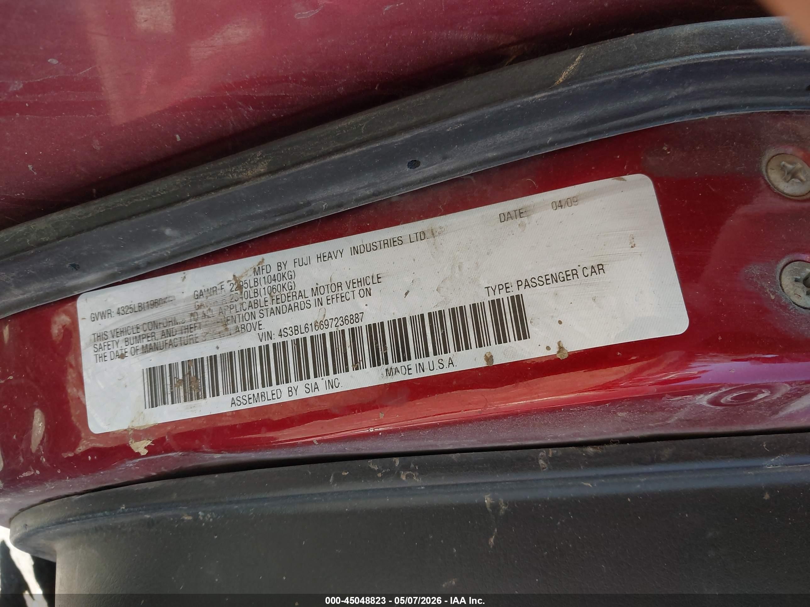 2009 Subaru Legacy 2.5i Красный vin: 4S3BL616697236887