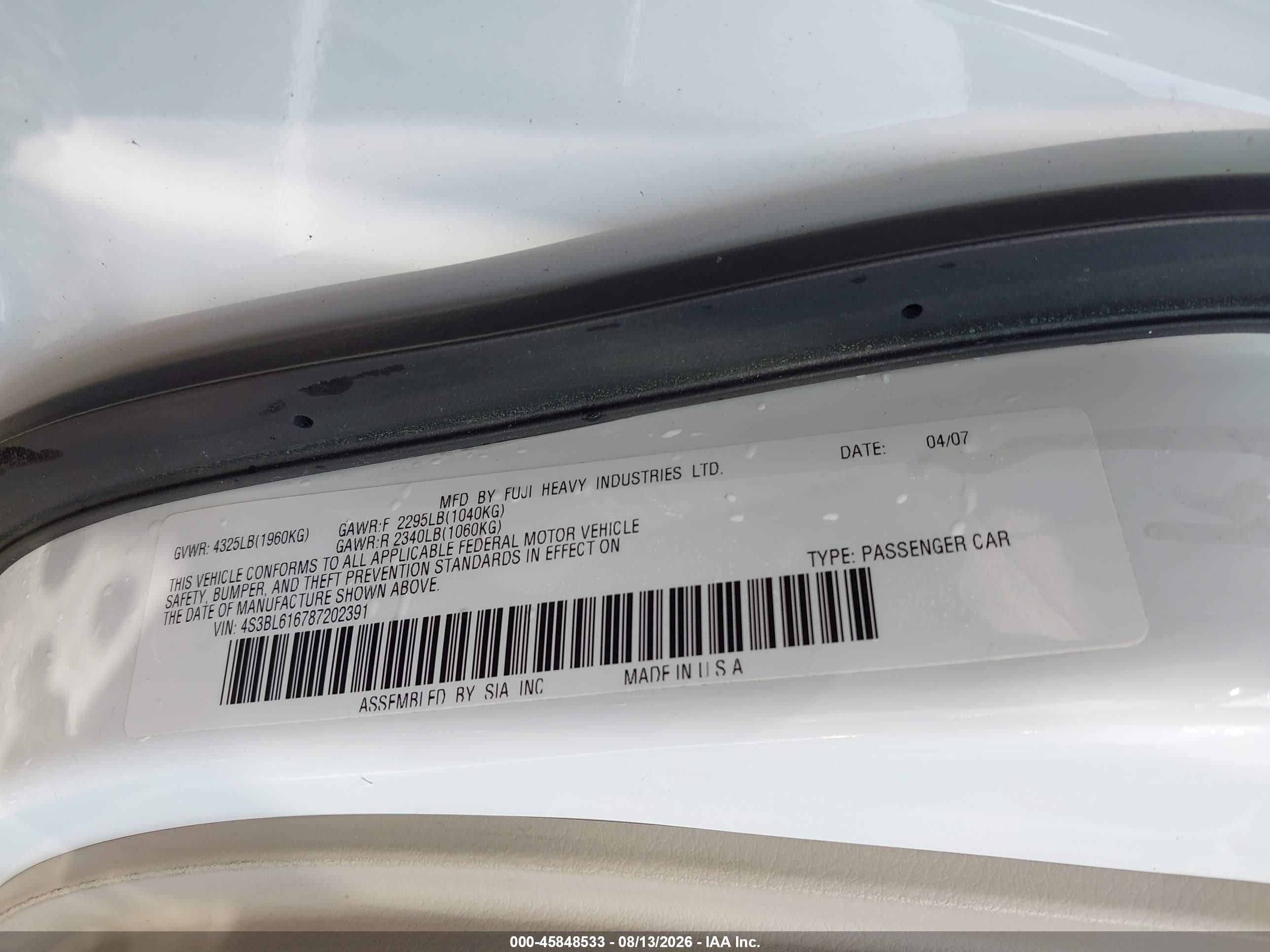 2008 Subaru Legacy 2.5i Белый vin: 4S3BL616787202391