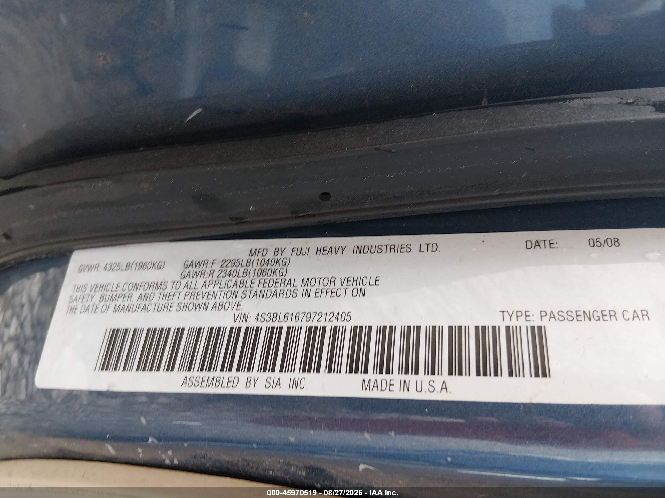 2009 Subaru Legacy 2.5i Blue vin: 4S3BL616797212405