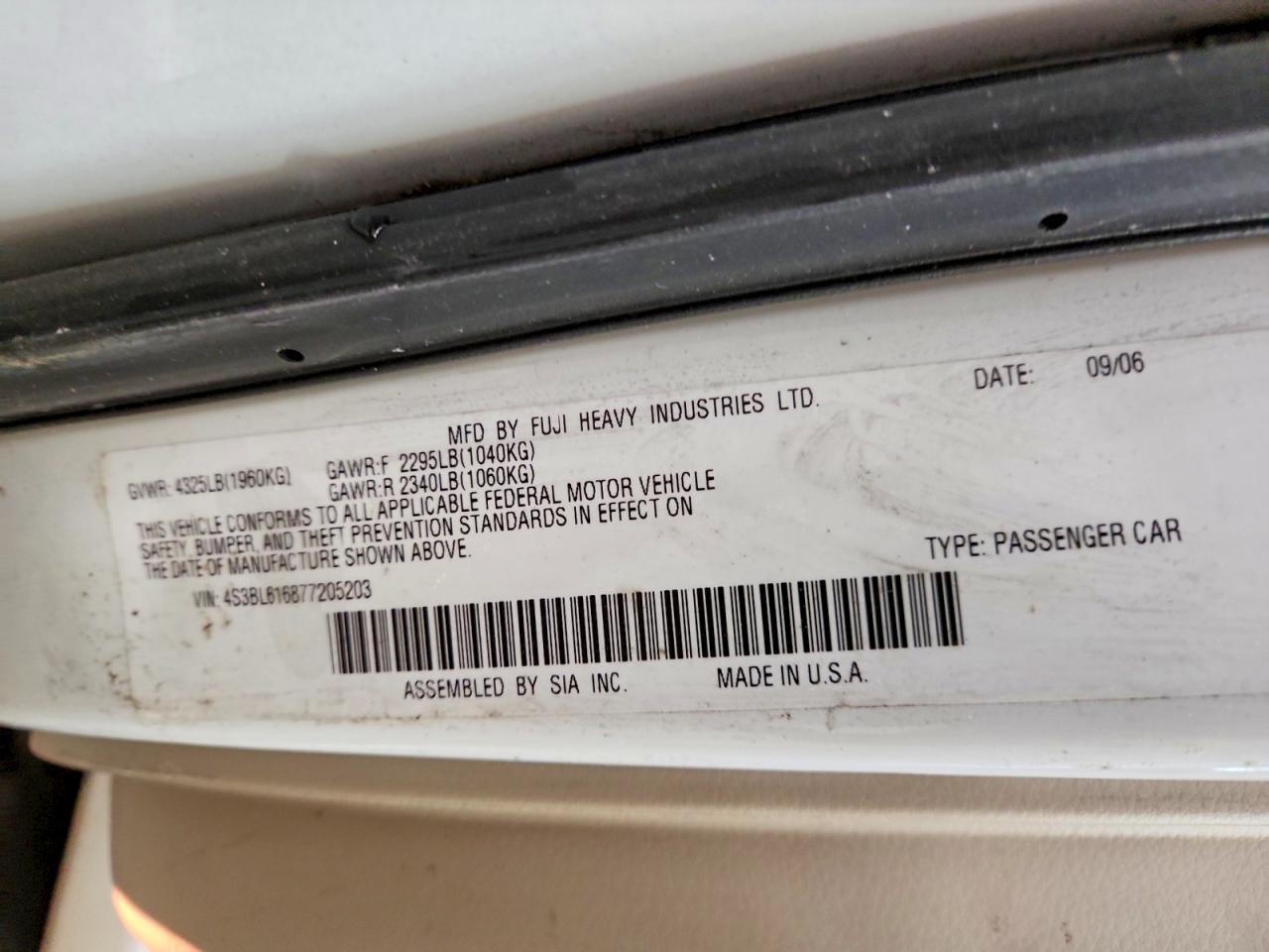 2007 Subaru Legacy 2.5i White vin: 4S3BL616877205203