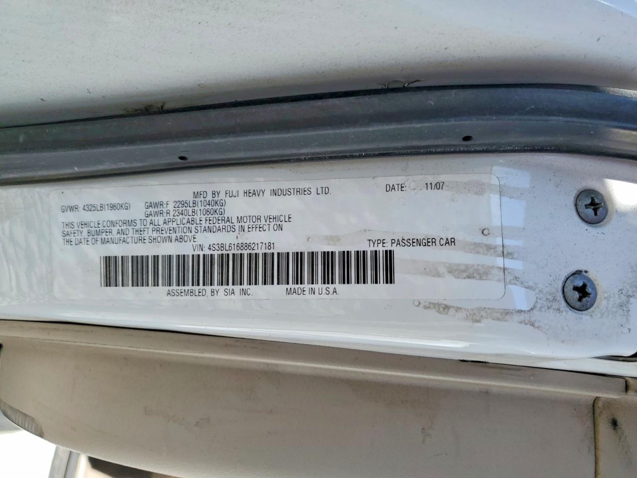 2008 Subaru Legacy White vin: 4S3BL616886217181