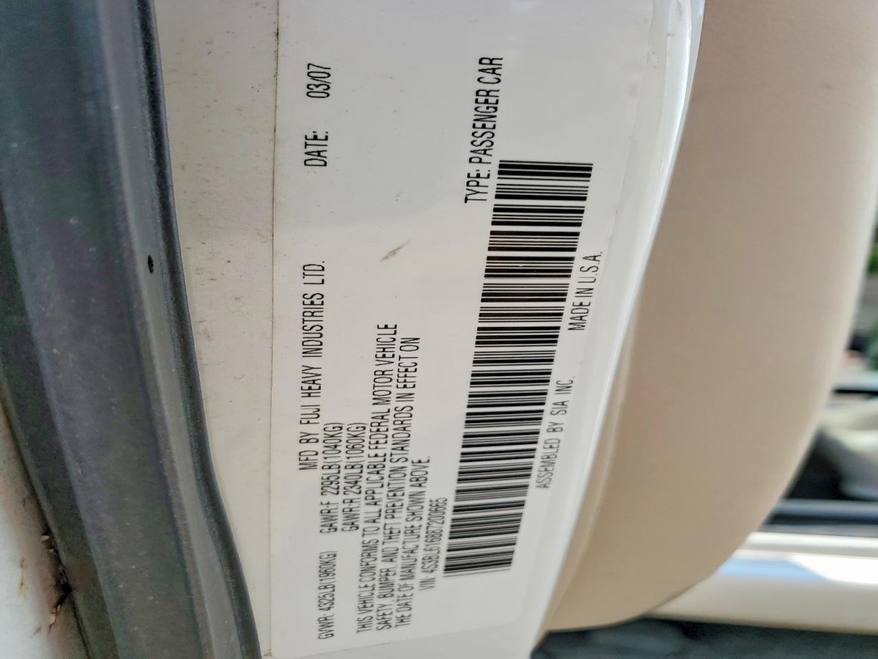 2008 Subaru Legacy 2.5i White vin: 4S3BL616887200665