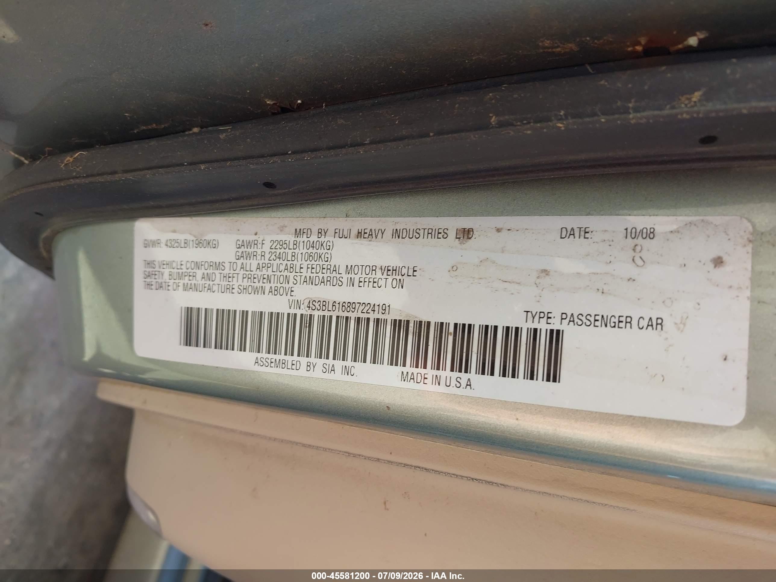 2009 Subaru Legacy 2.5i Green vin: 4S3BL616897224191