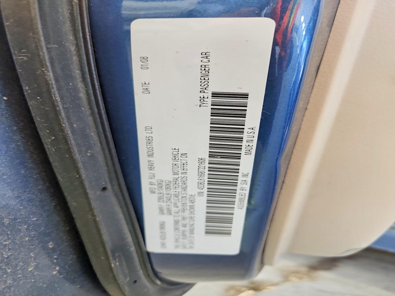 2008 Subaru Legacy Blue vin: 4S3BL616987221606