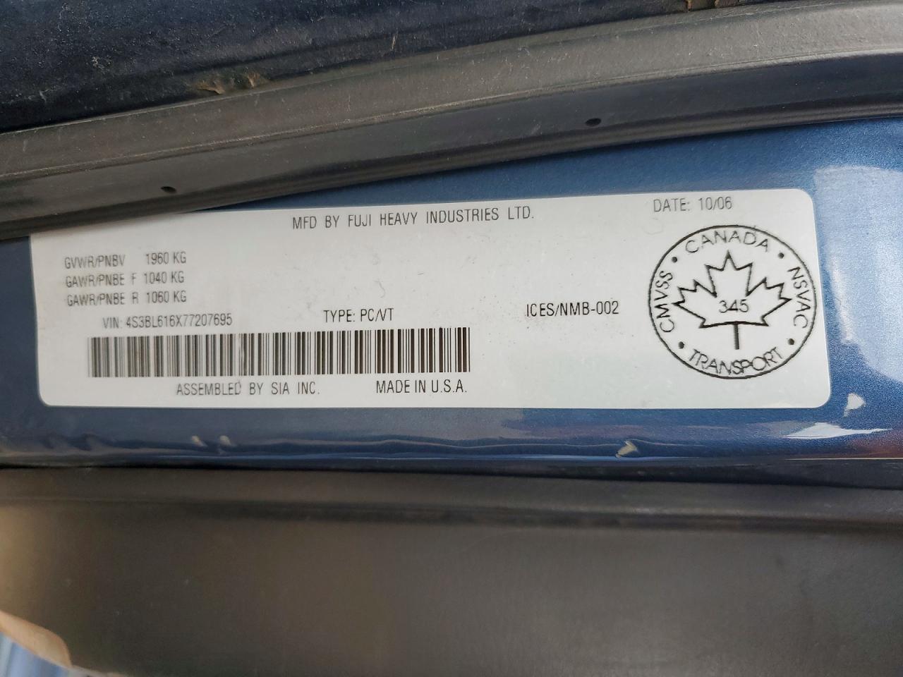 2007 Subaru Legacy 2.5i Blue vin: 4S3BL616X77207695