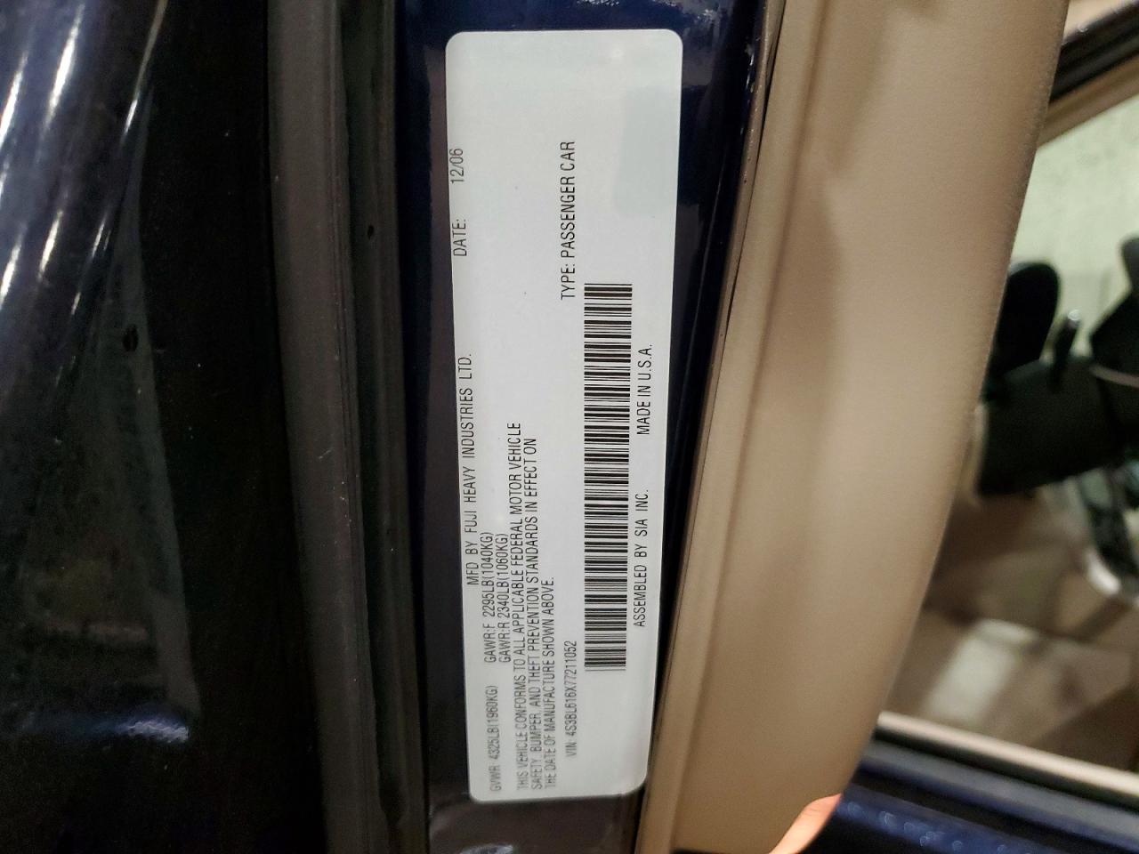 2007 Subaru Legacy 2.5i Blue vin: 4S3BL616X77211052