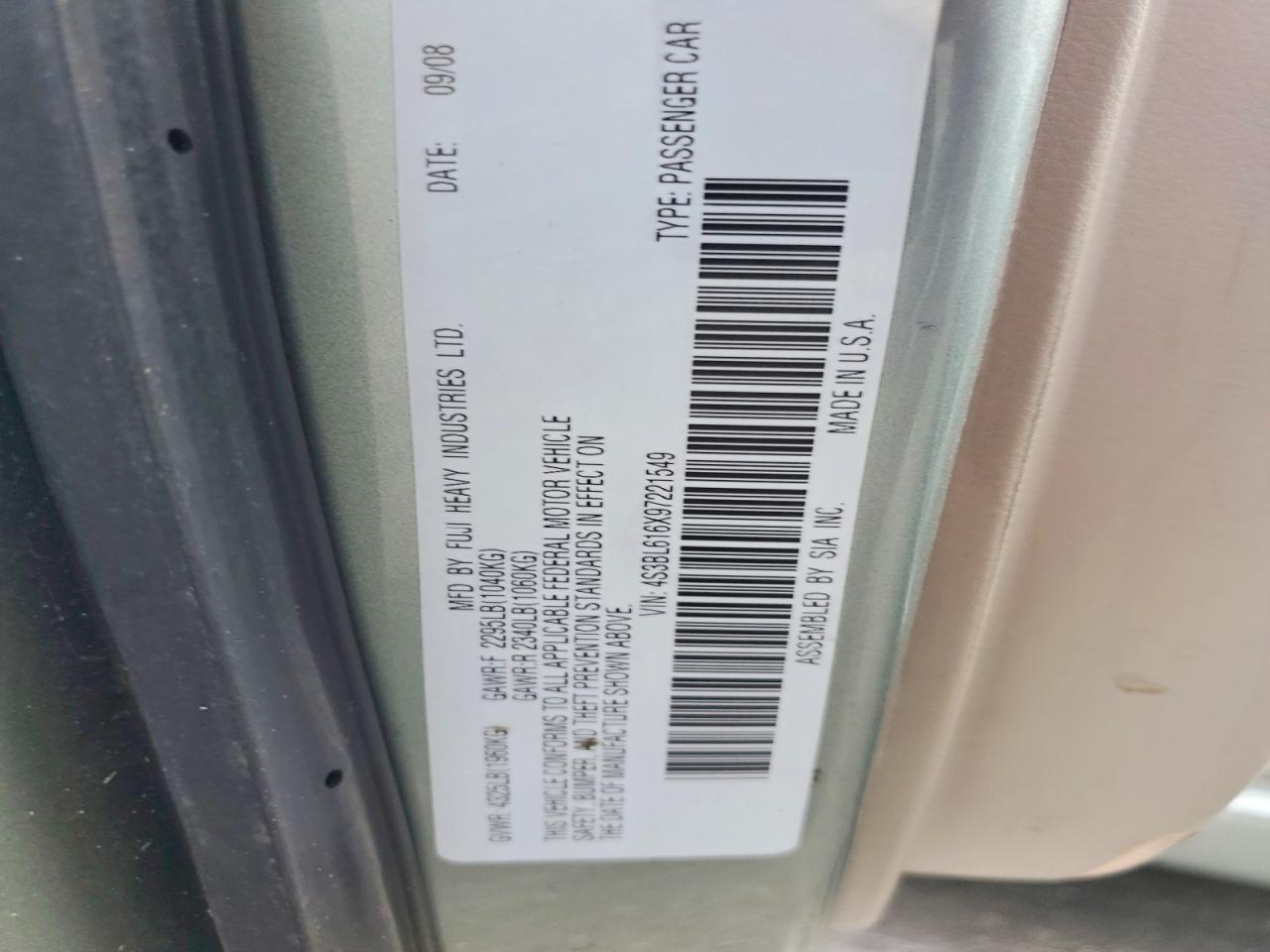 2009 Subaru Legacy 2.5i Turquoise vin: 4S3BL616X97221549