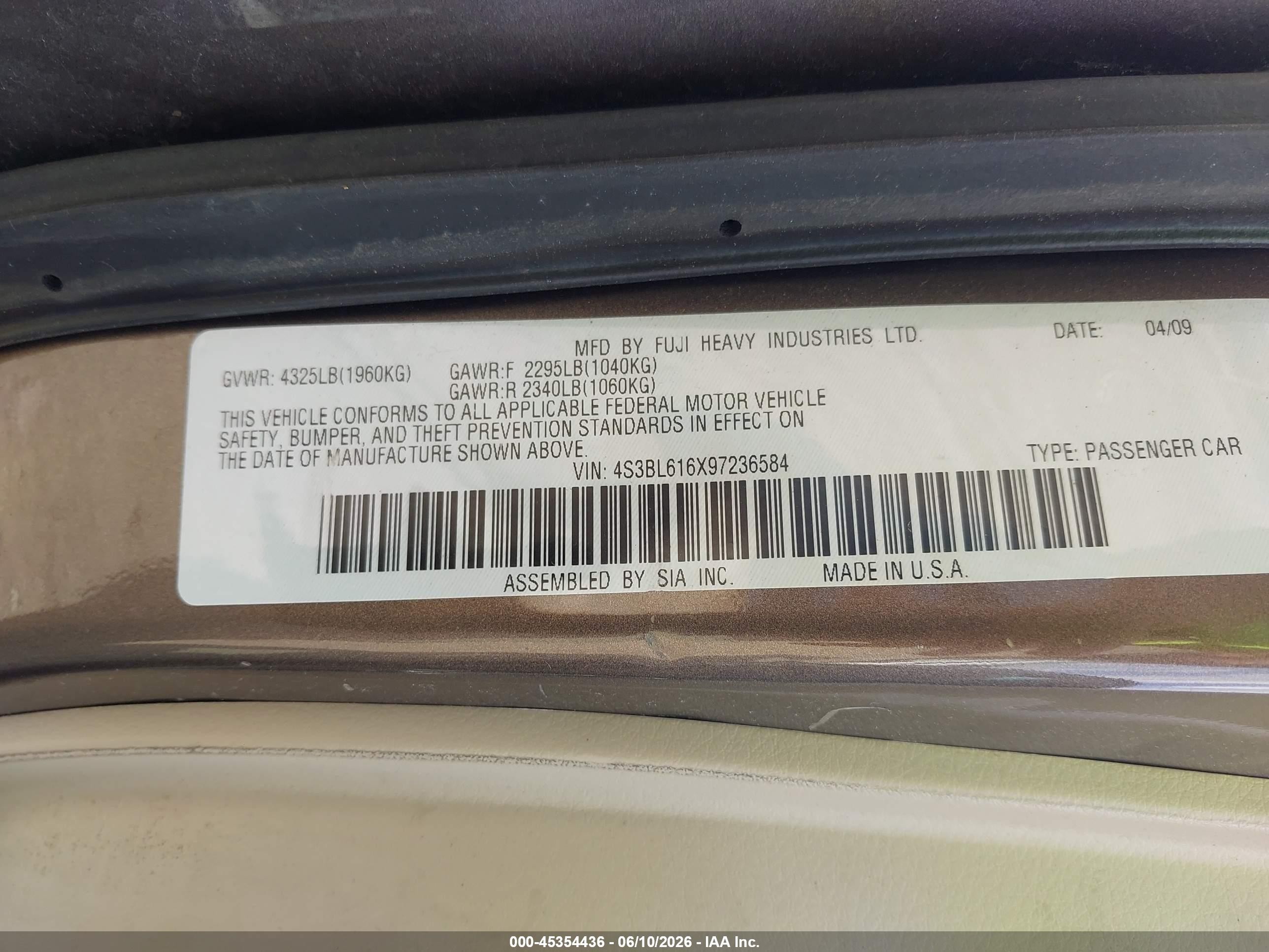 2009 Subaru Legacy 2.5i Brown vin: 4S3BL616X97236584