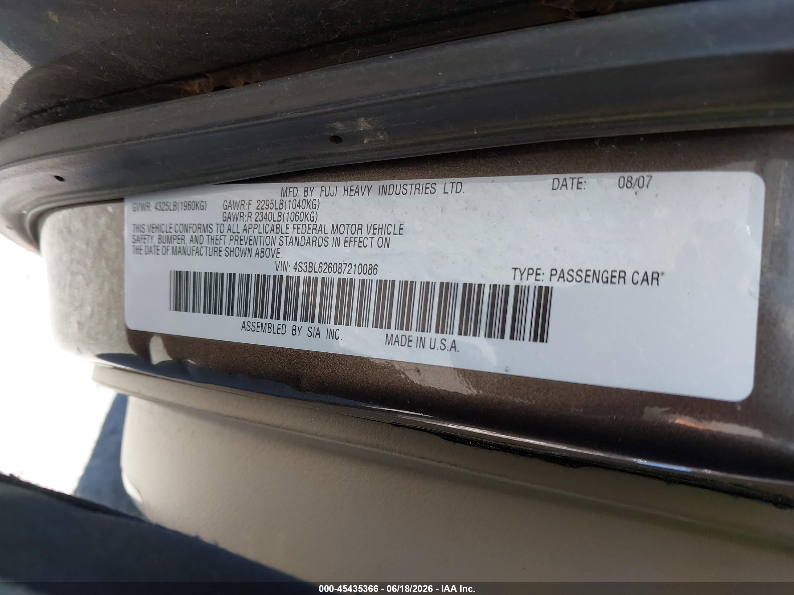 2008 Subaru Legacy (natl) Ltd/ltd W/vdc Brown vin: 4S3BL626087210086