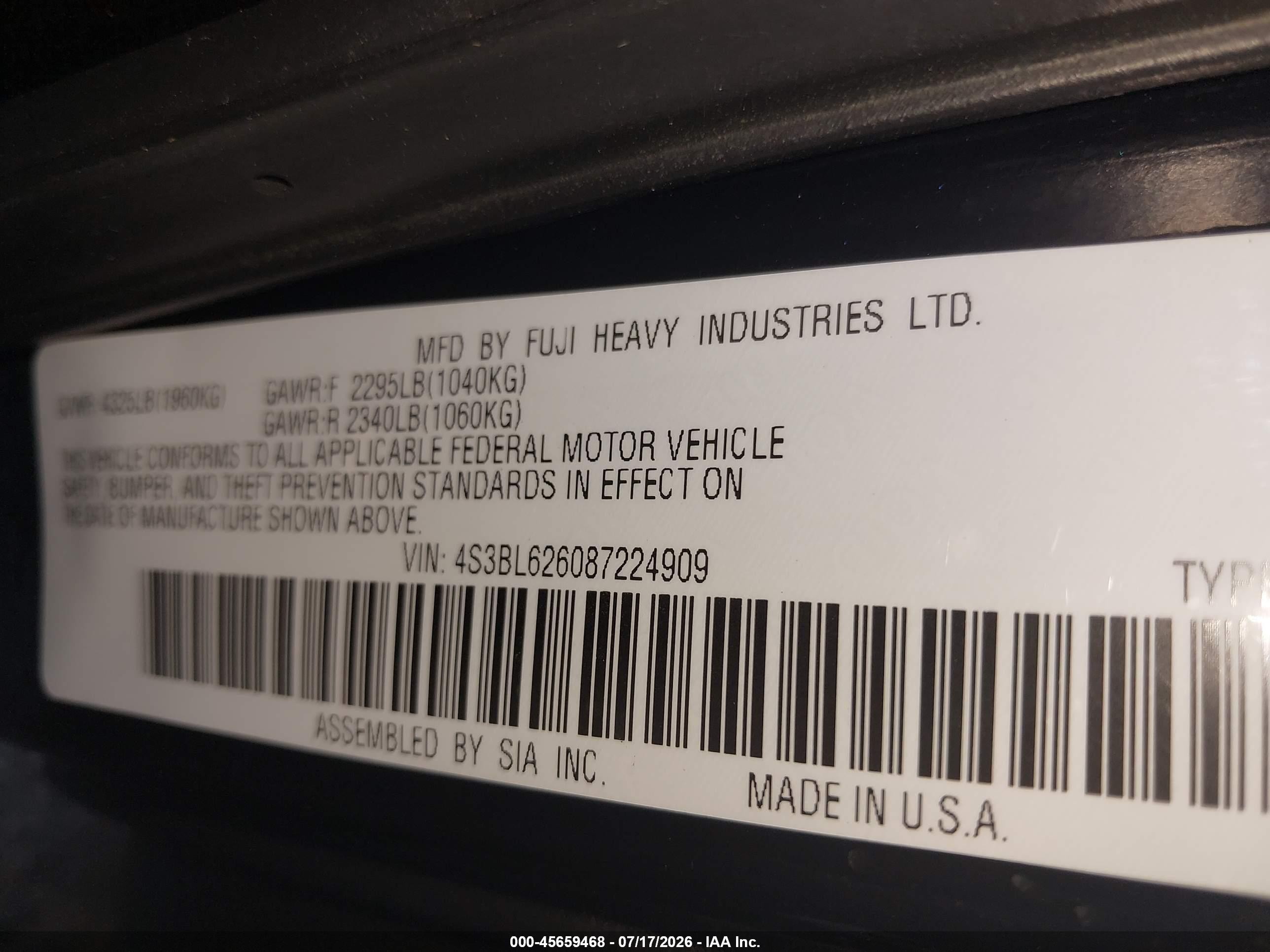 2008 Subaru Legacy (natl) Ltd/ltd W/vdc Black vin: 4S3BL626087224909