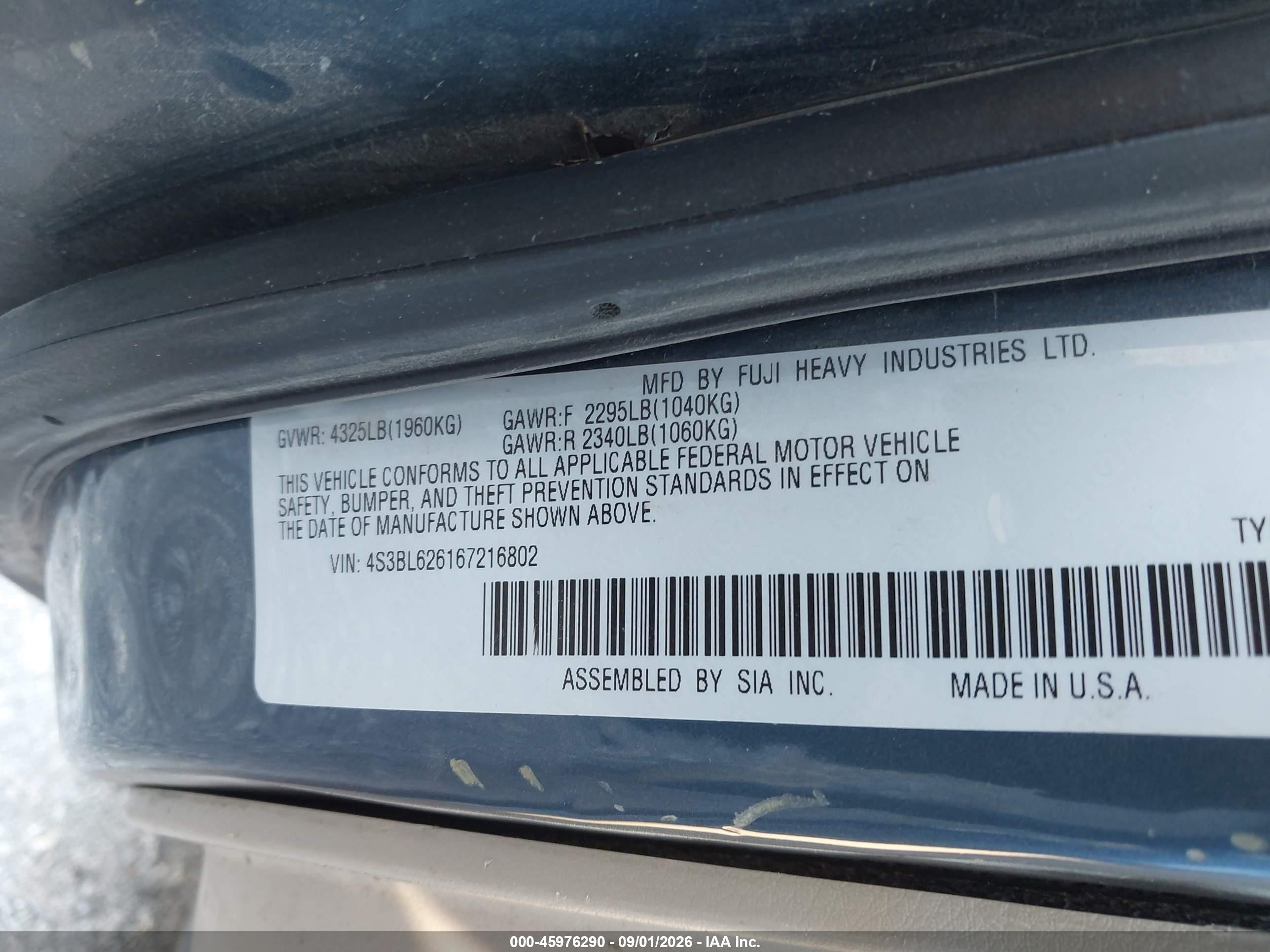2006 Subaru Legacy 2.5i Blue vin: 4S3BL626167216802