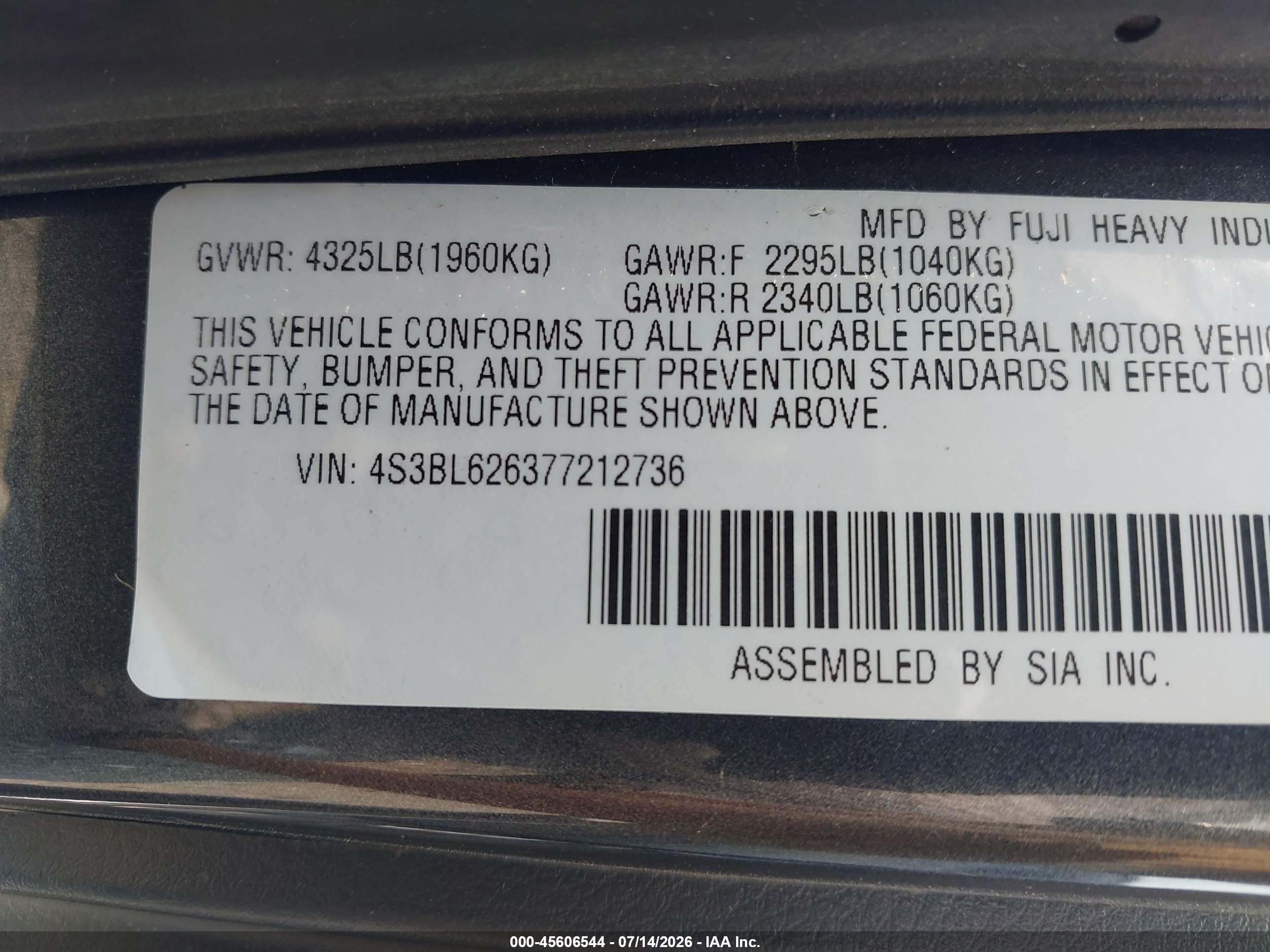 2007 Subaru Legacy 2.5i Limited Серый vin: 4S3BL626377212736