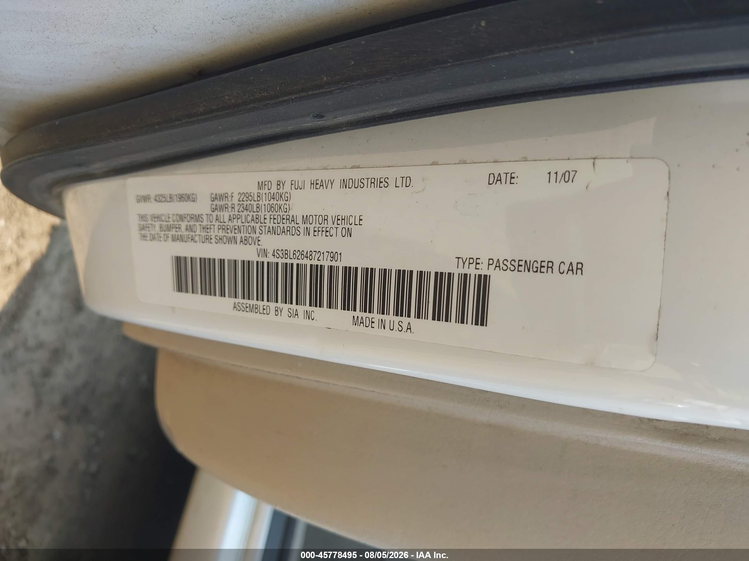 2008 Subaru Legacy 2.5i Limited Белый vin: 4S3BL626487217901