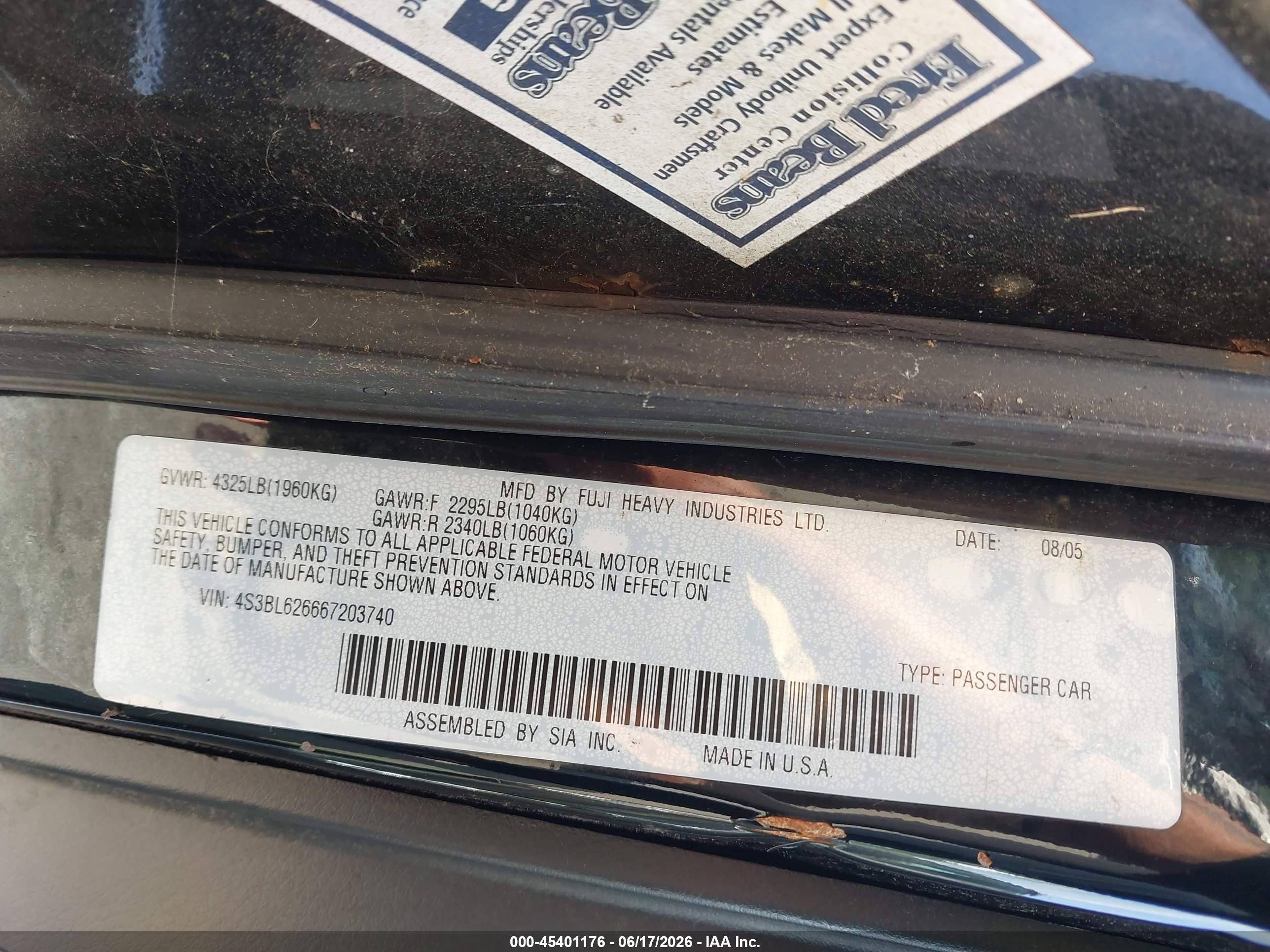 2006 Subaru Legacy 2.5i/2.5i Limited Black vin: 4S3BL626667203740