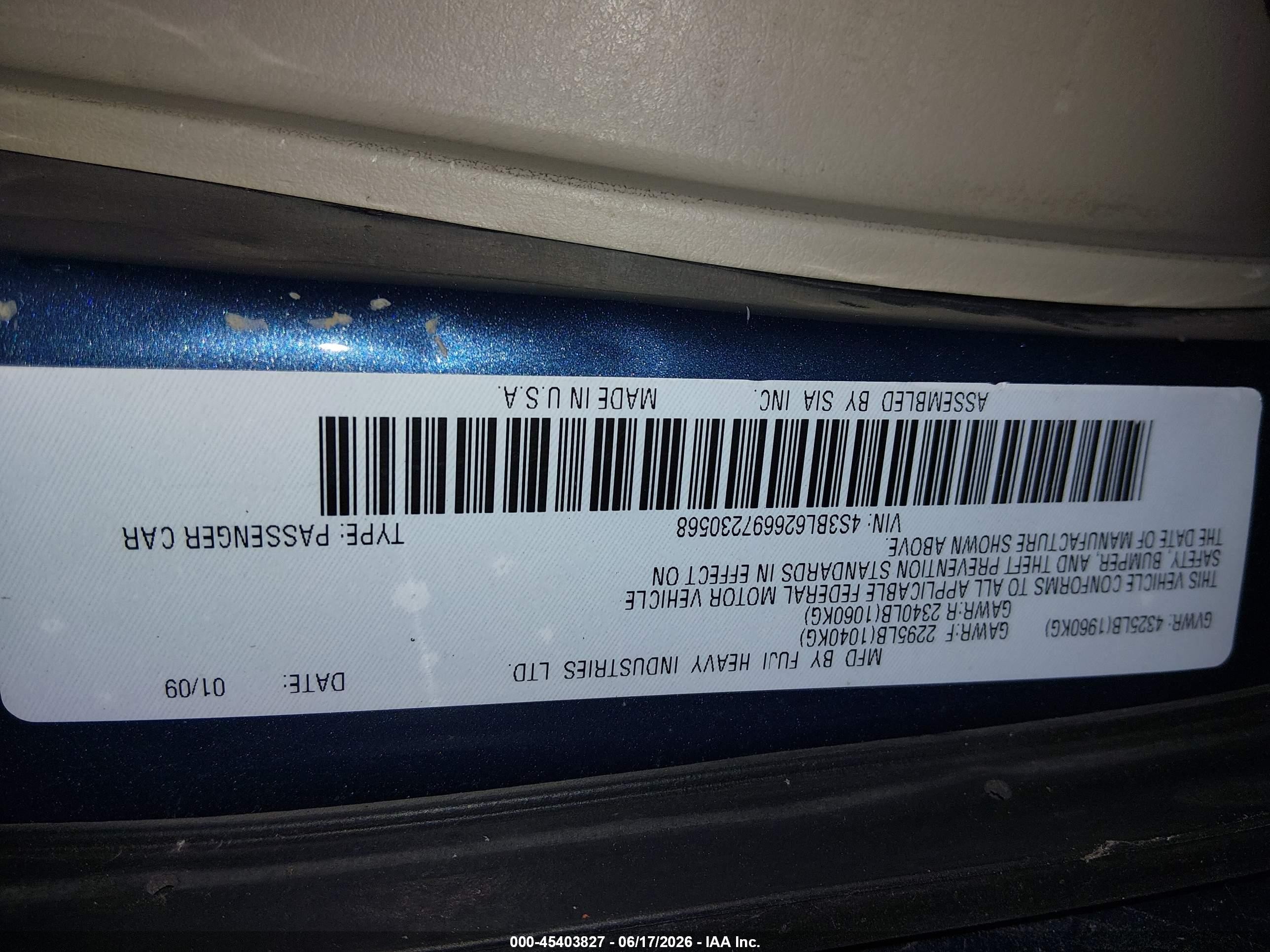 2009 Subaru Legacy 2.5i Limited Blue vin: 4S3BL626697230568