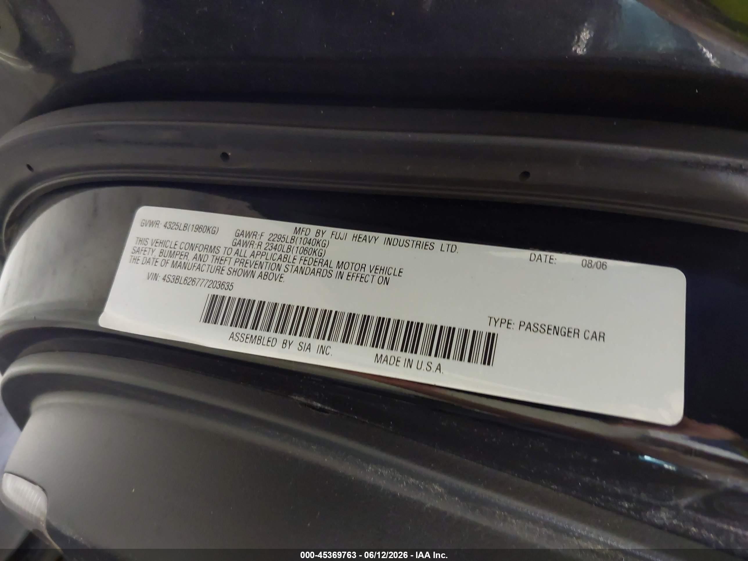 2007 Subaru Legacy 2.5i Limited Black vin: 4S3BL626777203635