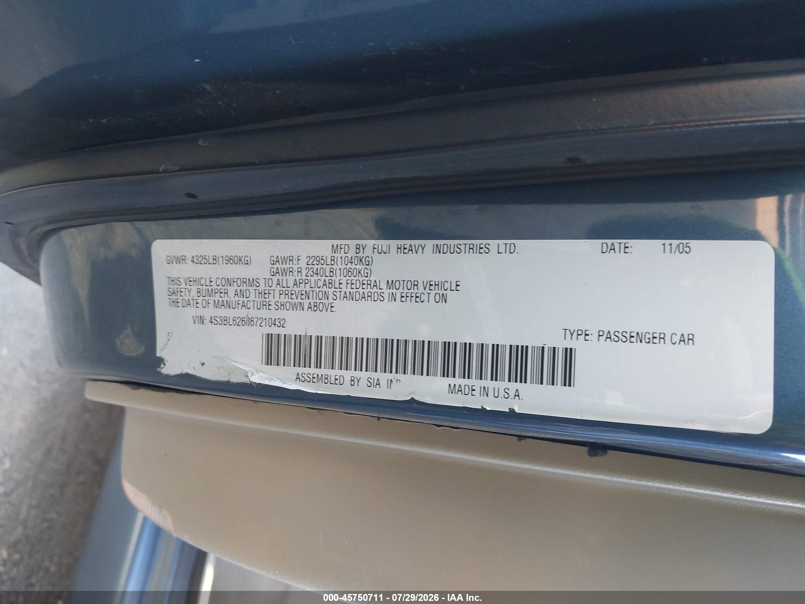 2006 Subaru Legacy 2.5i/2.5i Limited Blue vin: 4S3BL626867210432
