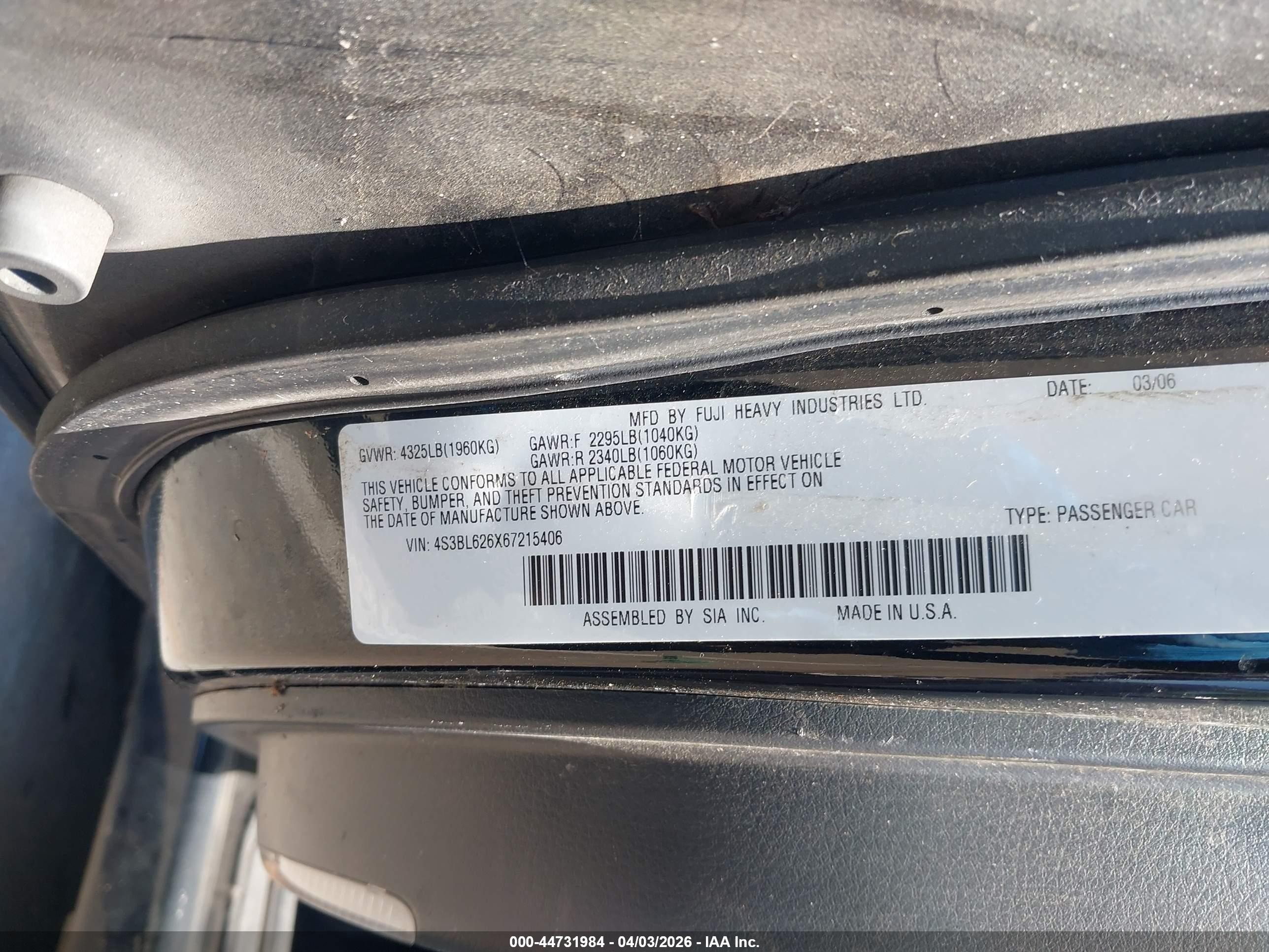 2006 Subaru Legacy 2.5i Black vin: 4S3BL626X67215406