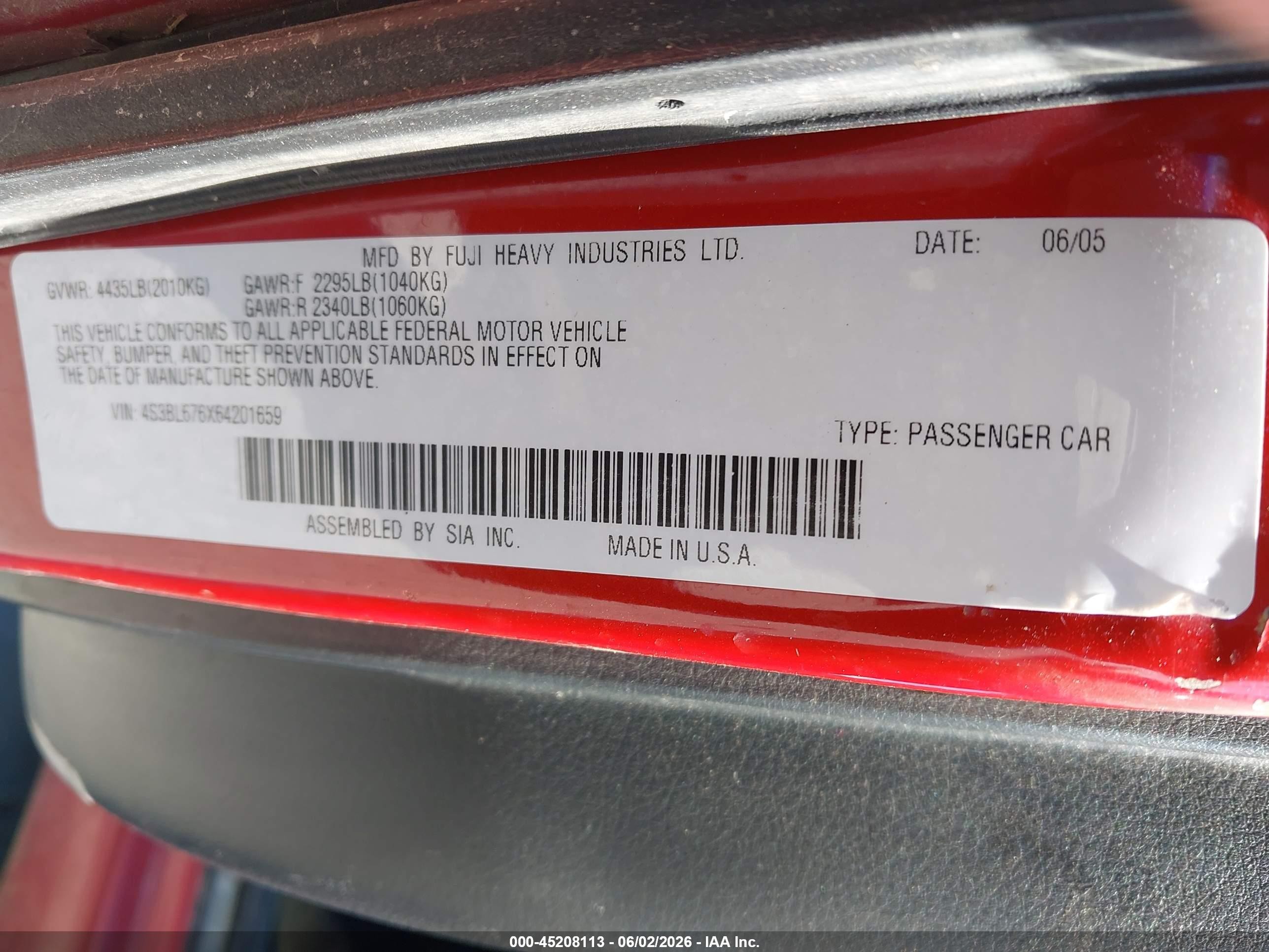 2006 Subaru Legacy 2.5gt Limited/2.5gt Spec.b Red vin: 4S3BL676X64201659