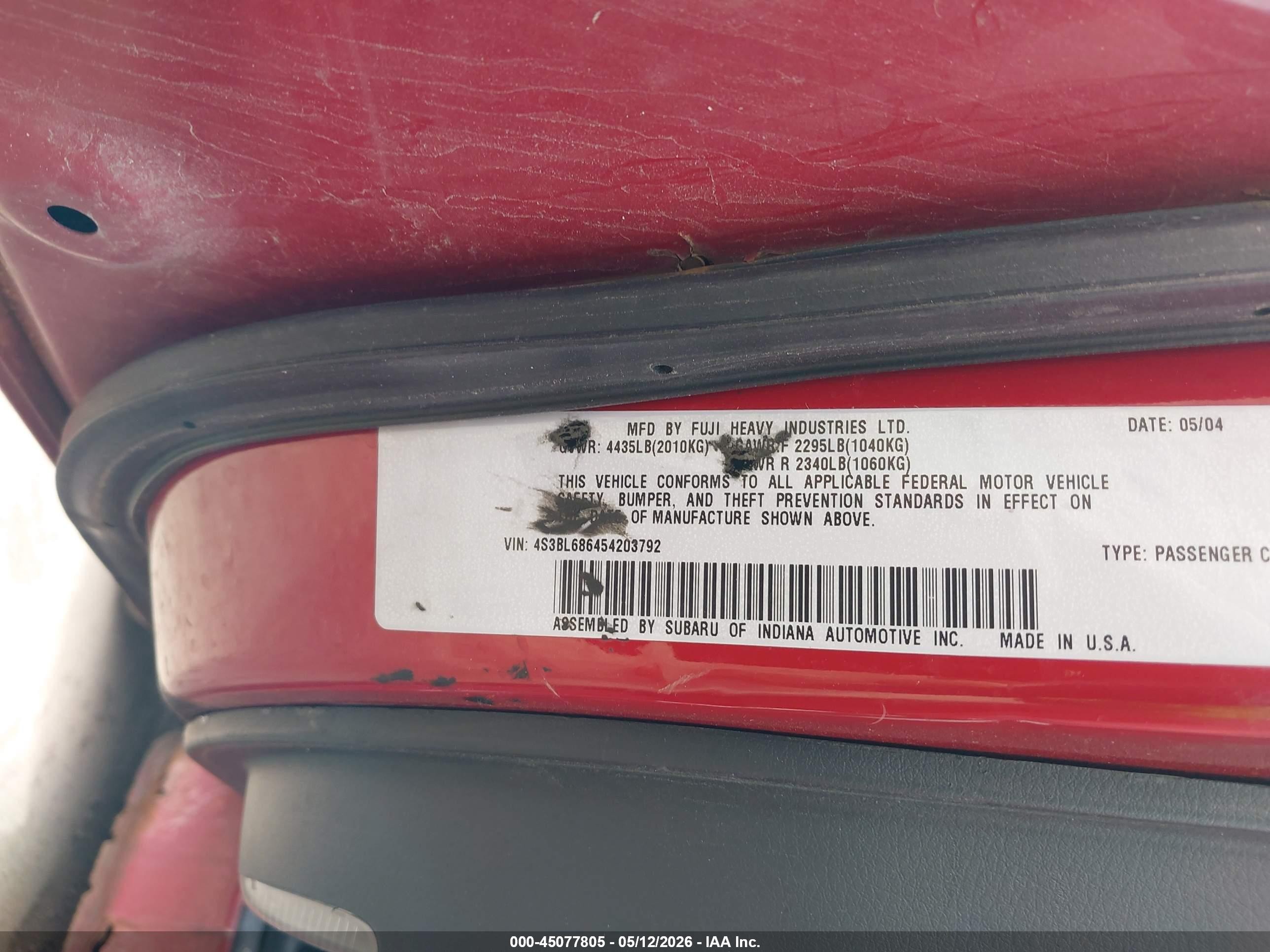 2005 Subaru Legacy 2.5gt Red vin: 4S3BL686454203792