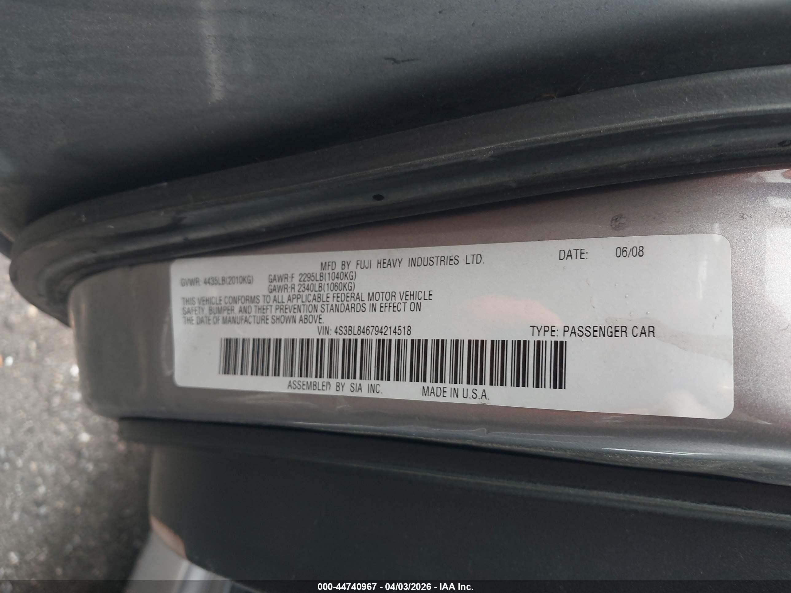 2009 Subaru Legacy 3.0r Gray vin: 4S3BL846794214518