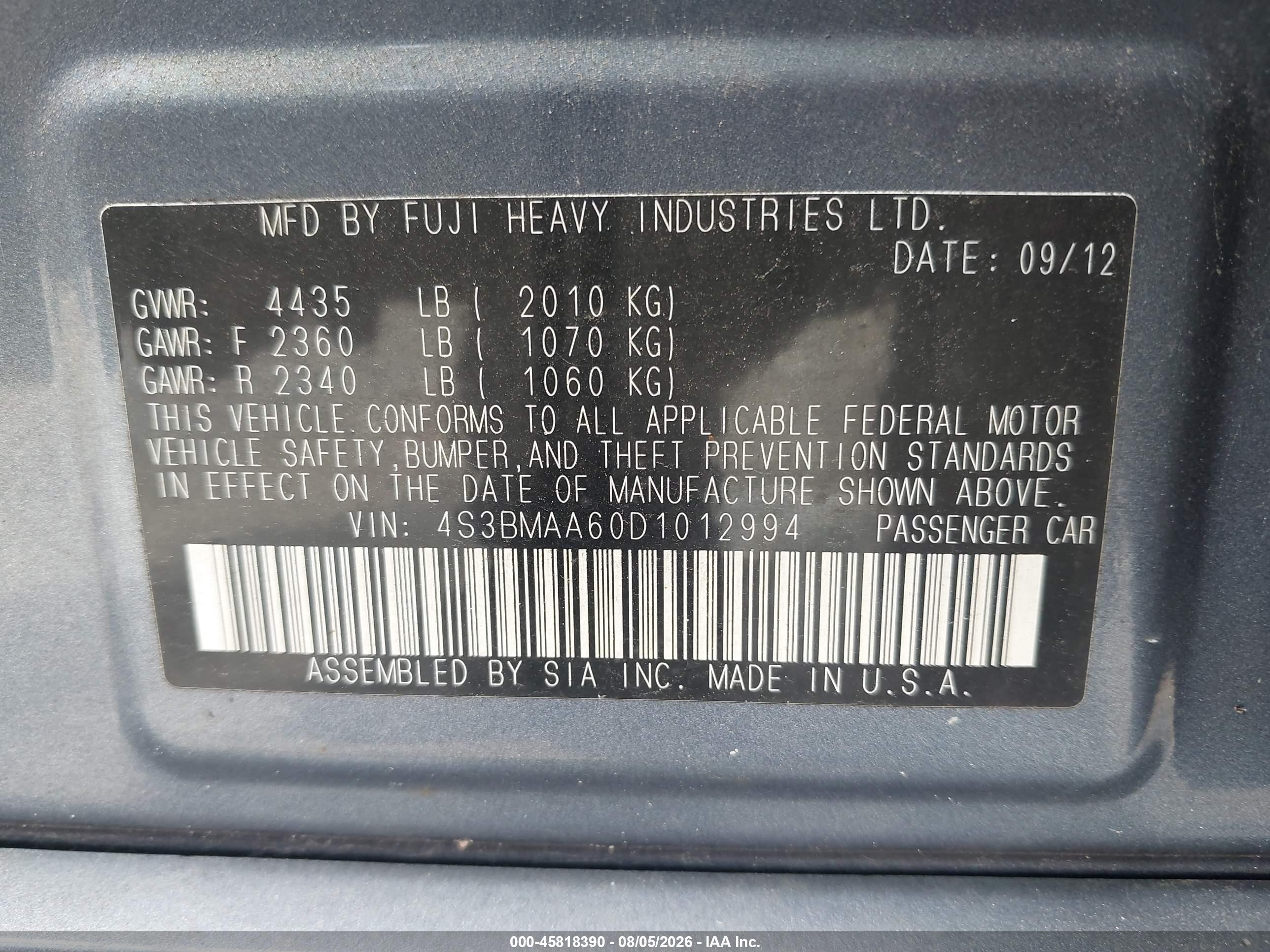 2013 Subaru Legacy 2.5i Blue vin: 4S3BMAA60D1012994