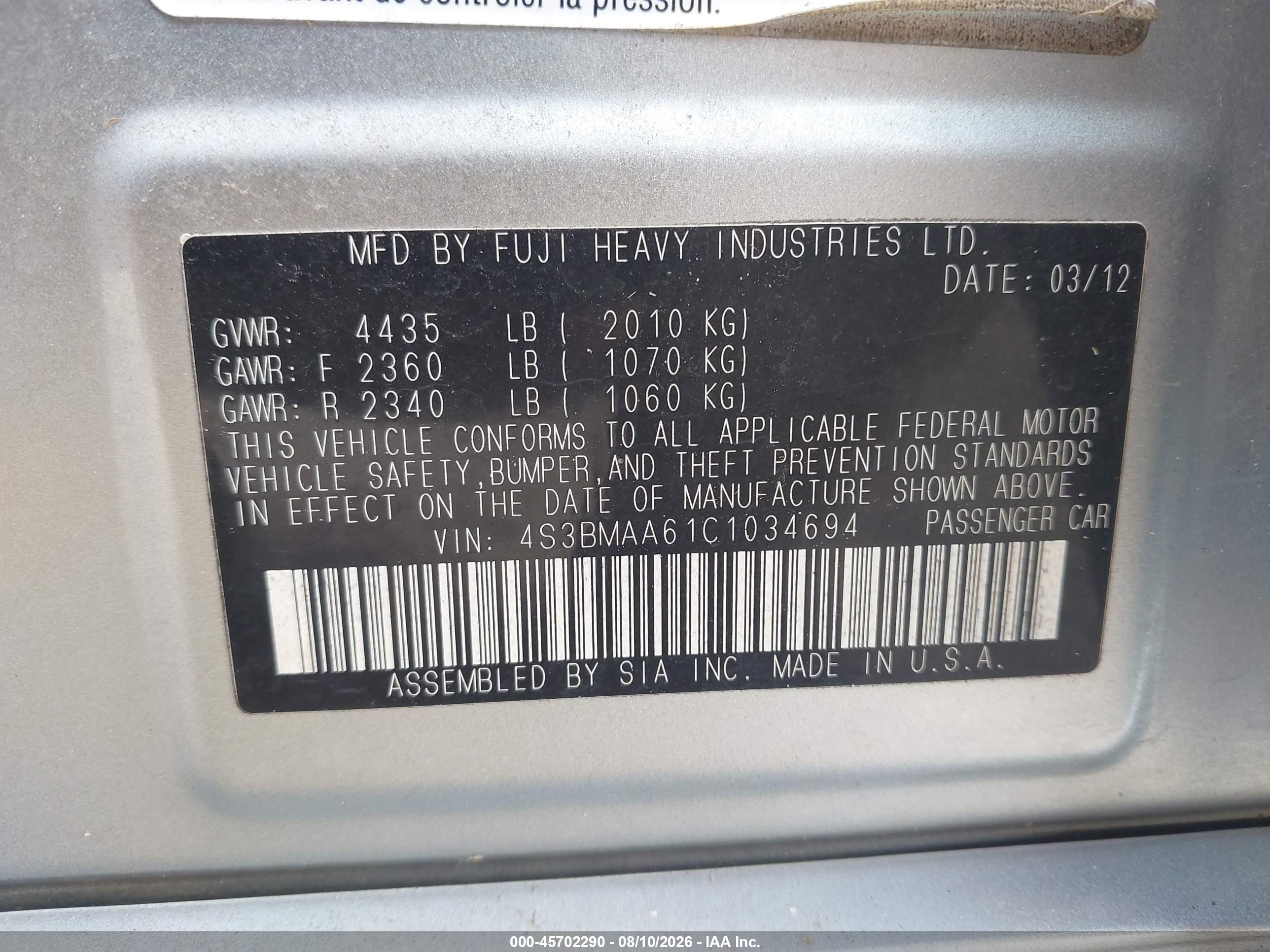 2012 Subaru Legacy 2.5i Silver vin: 4S3BMAA61C1034694