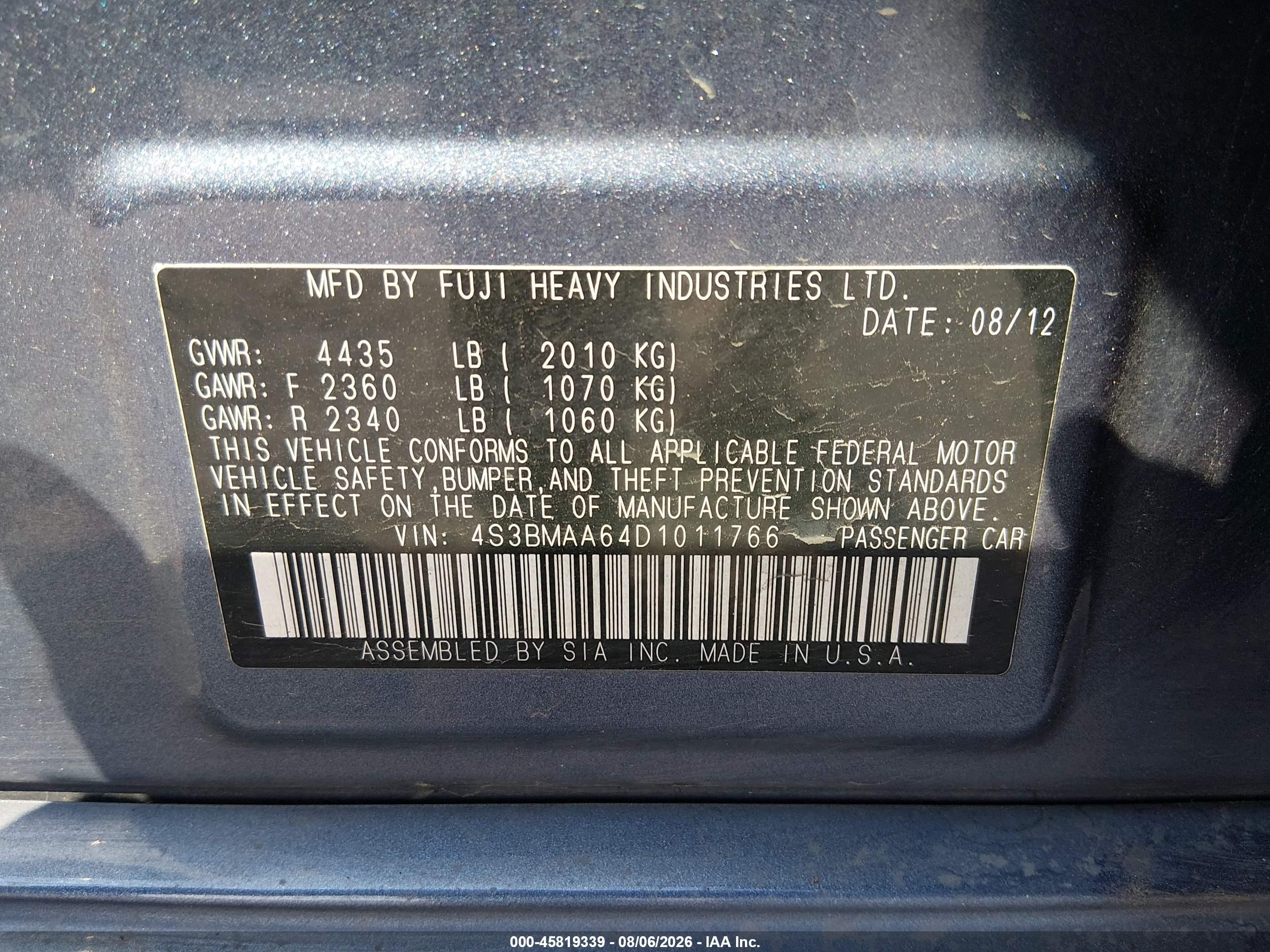2013 Subaru Legacy 2.5i Синий vin: 4S3BMAA64D1011766