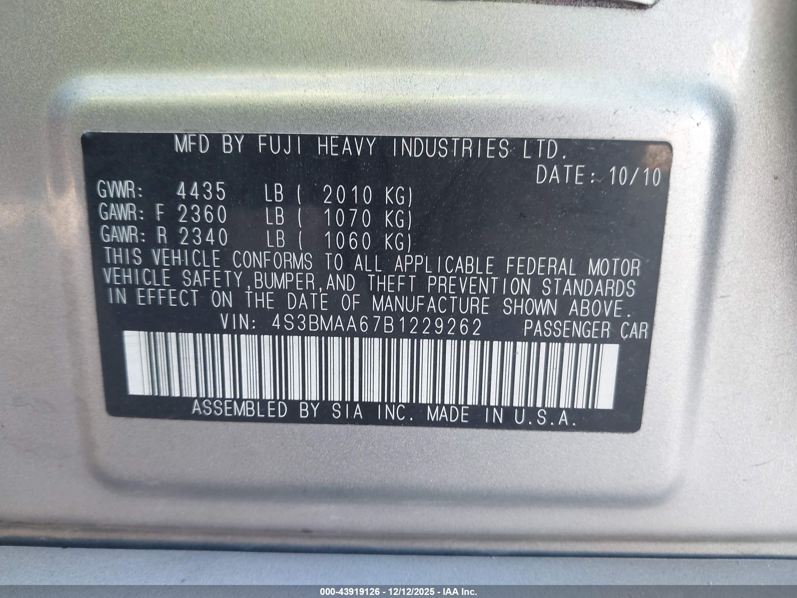 2011 Subaru Legacy 2.5i Gray vin: 4S3BMAA67B1229262