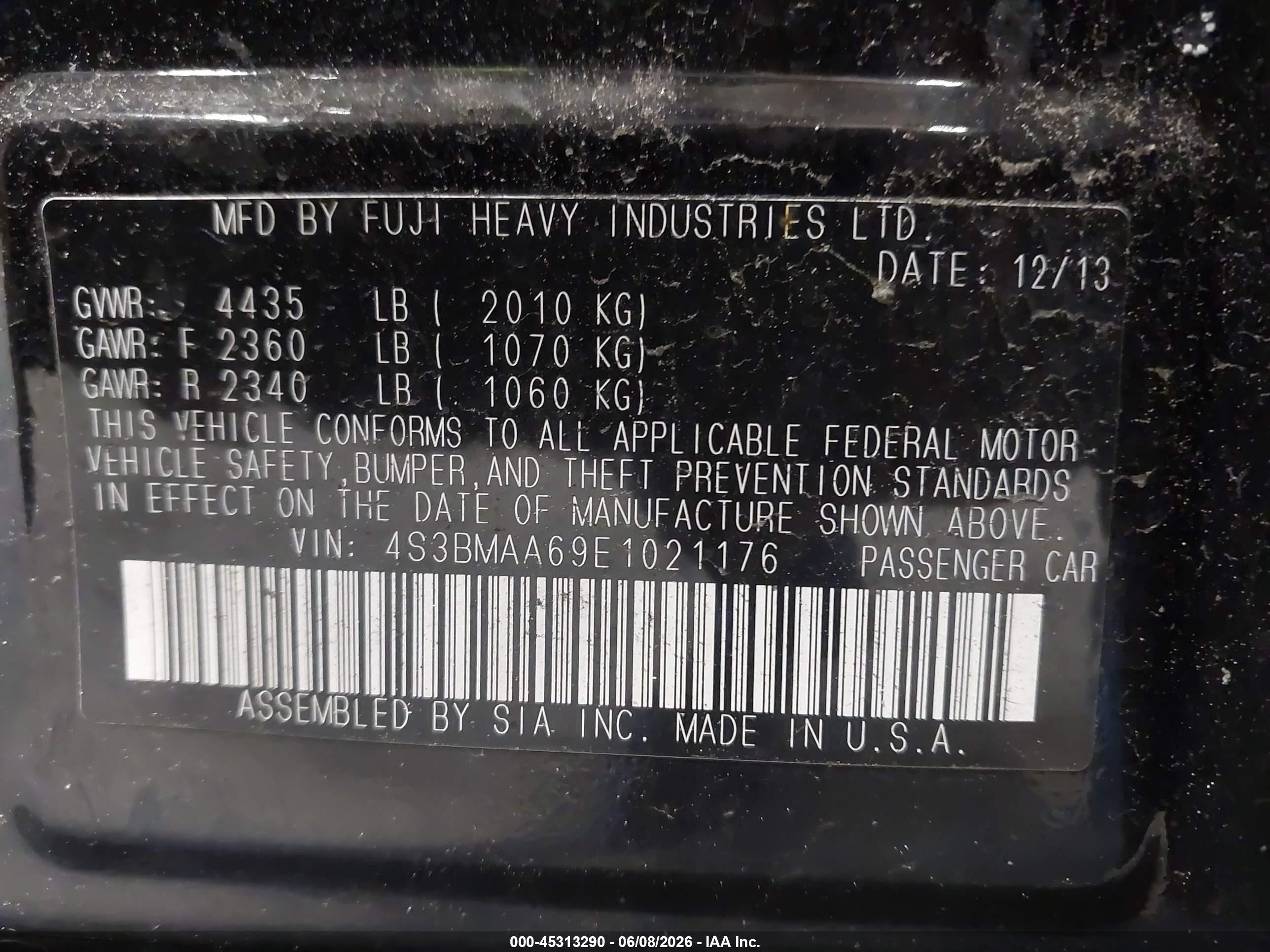 2014 Subaru Legacy 2.5i Black vin: 4S3BMAA69E1021176