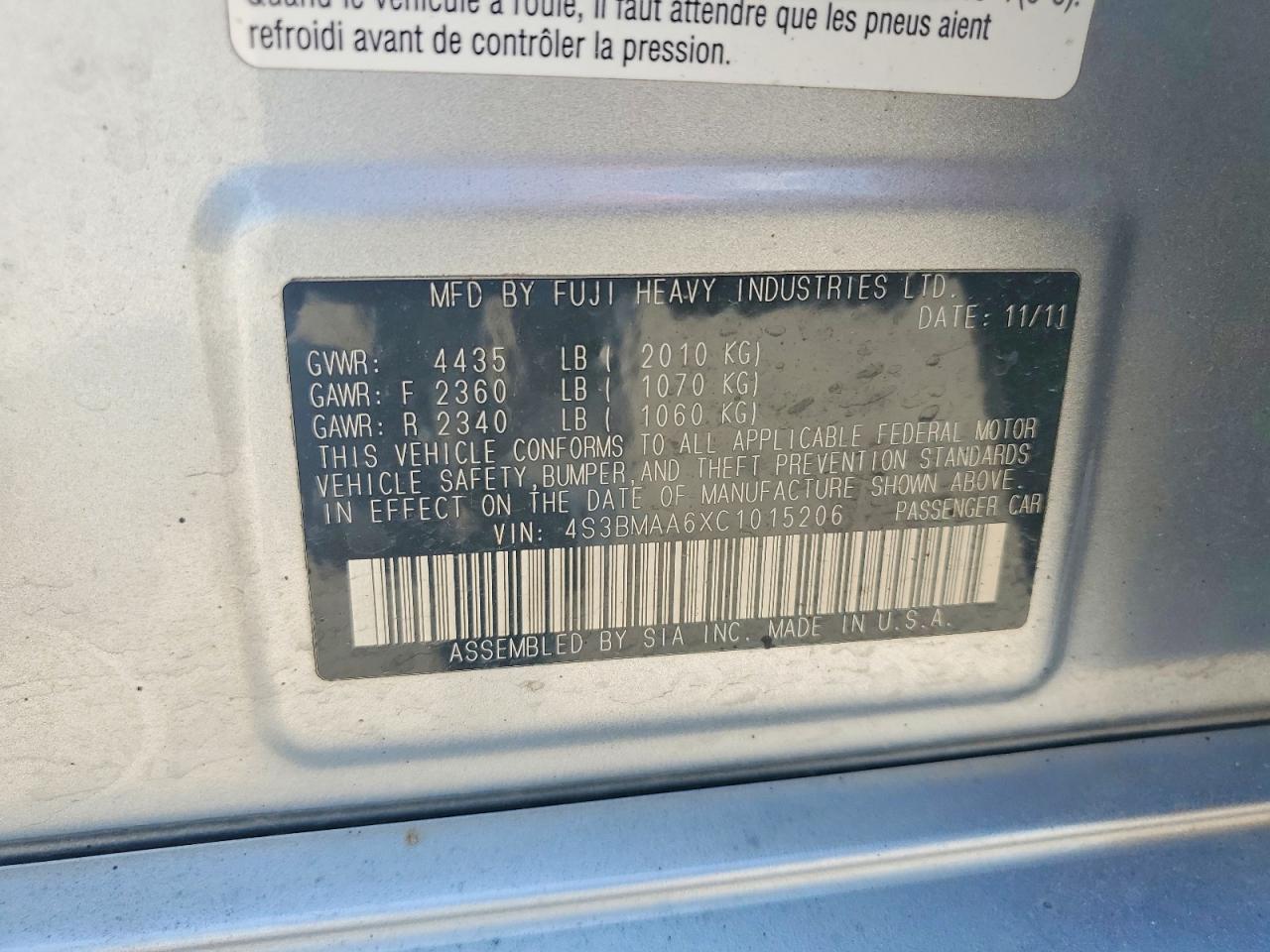 2012 Subaru Legacy 2.5i Silver vin: 4S3BMAA6XC1015206