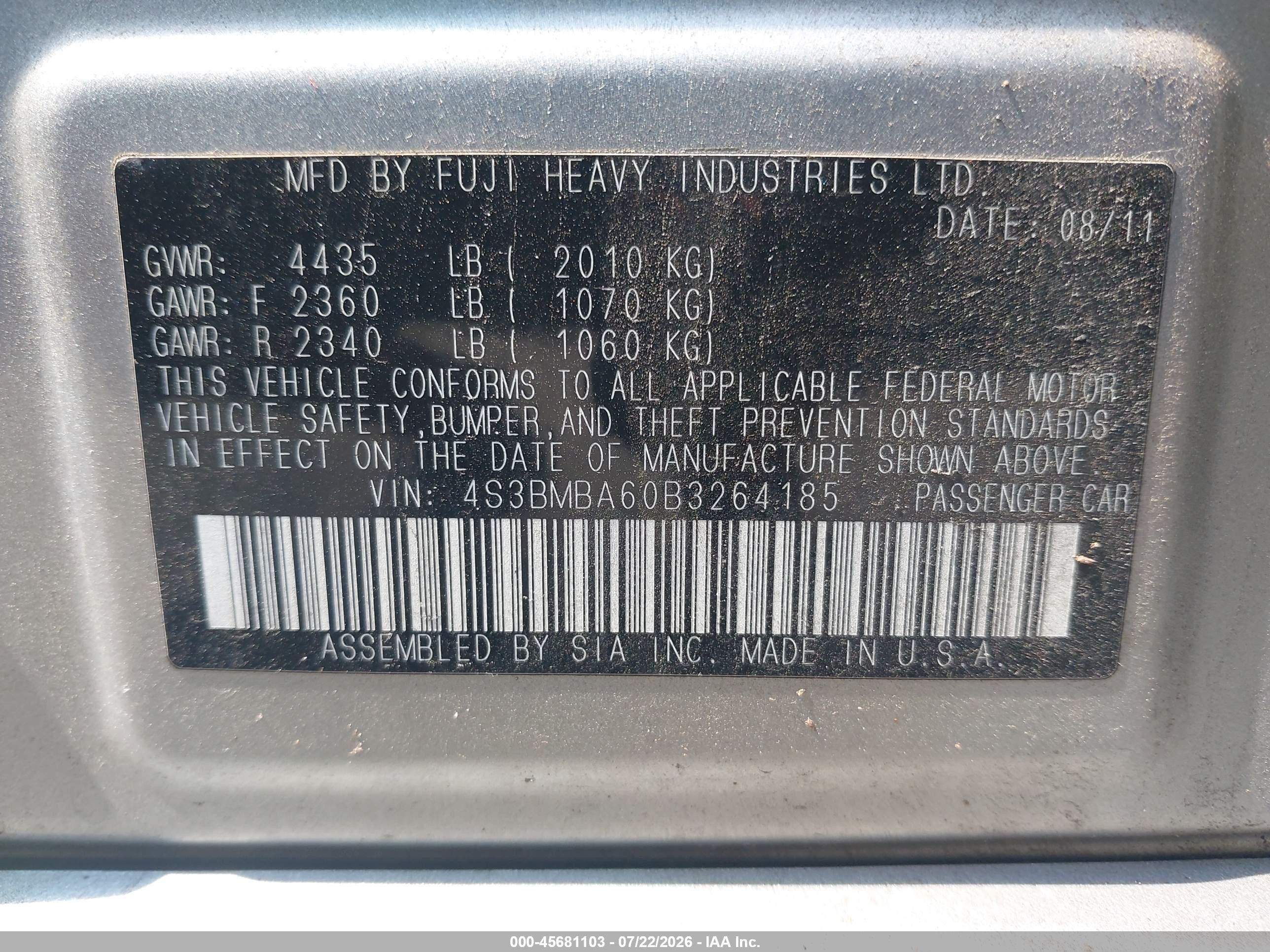2011 Subaru Legacy 2.5i Silver vin: 4S3BMBA60B3264185