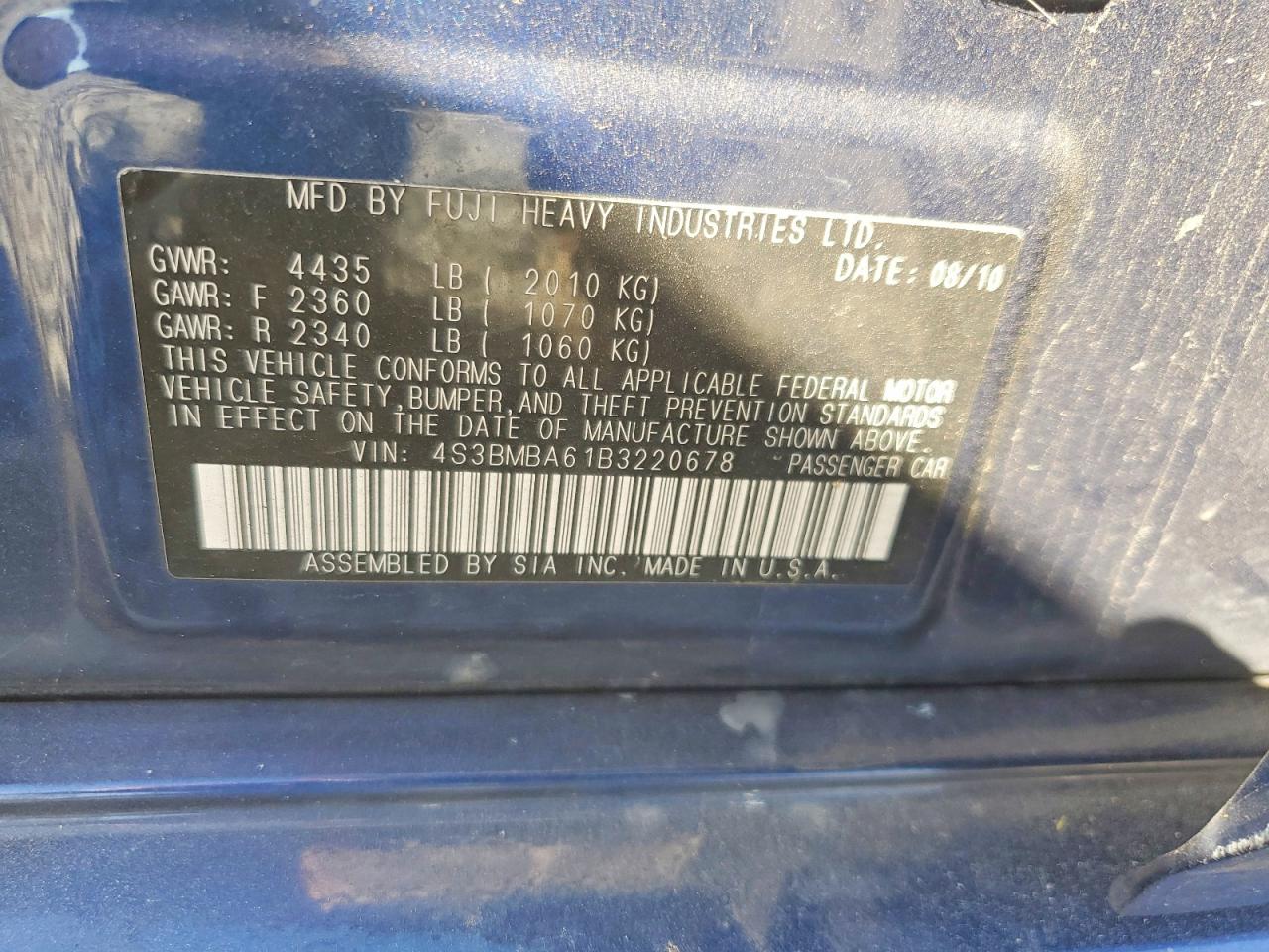 2011 Subaru Legacy 2.5i Blue vin: 4S3BMBA61B3220678
