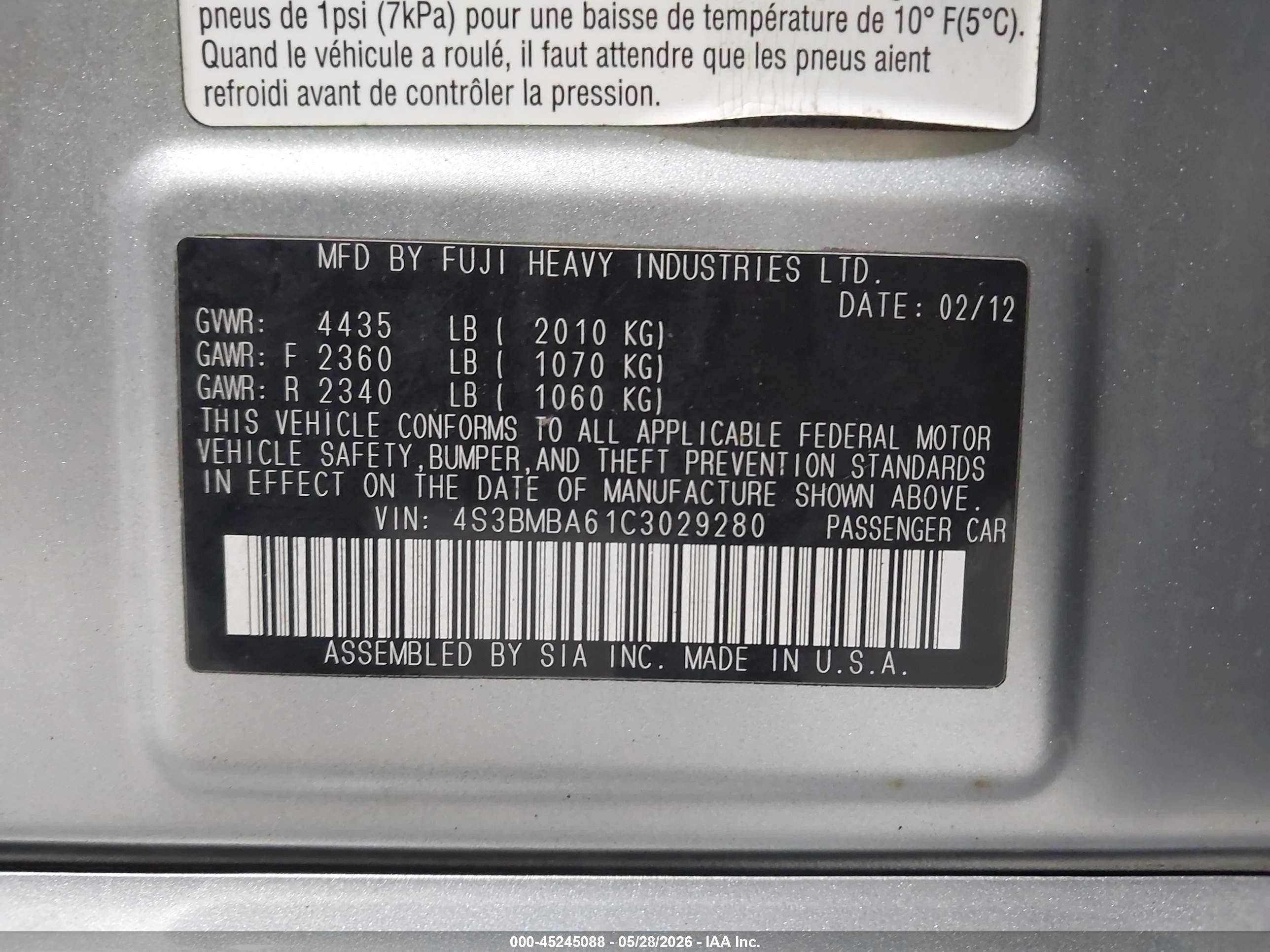 2012 Subaru Legacy 2.5i Silver vin: 4S3BMBA61C3029280