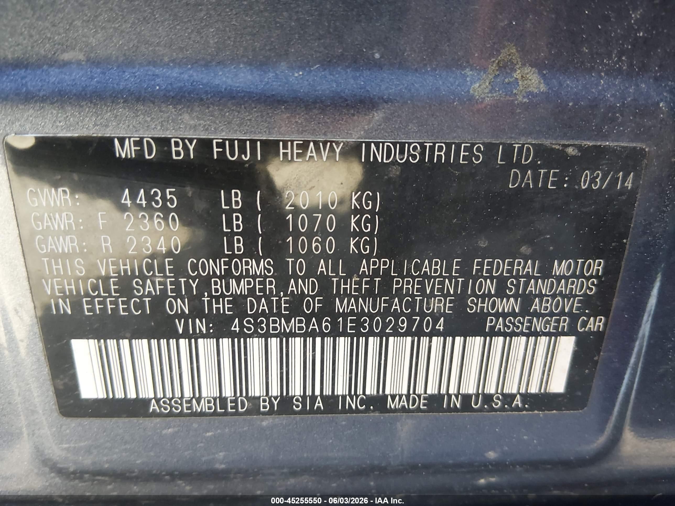 2014 Subaru Legacy 2.5i Light Blue vin: 4S3BMBA61E3029704