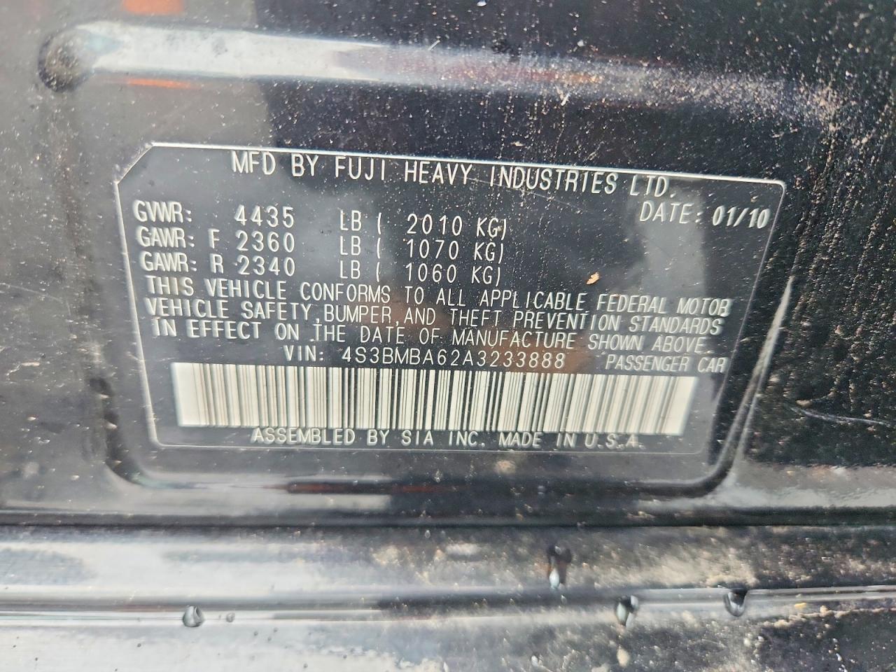 2010 Subaru Legacy 2.5i Black vin: 4S3BMBA62A3233888