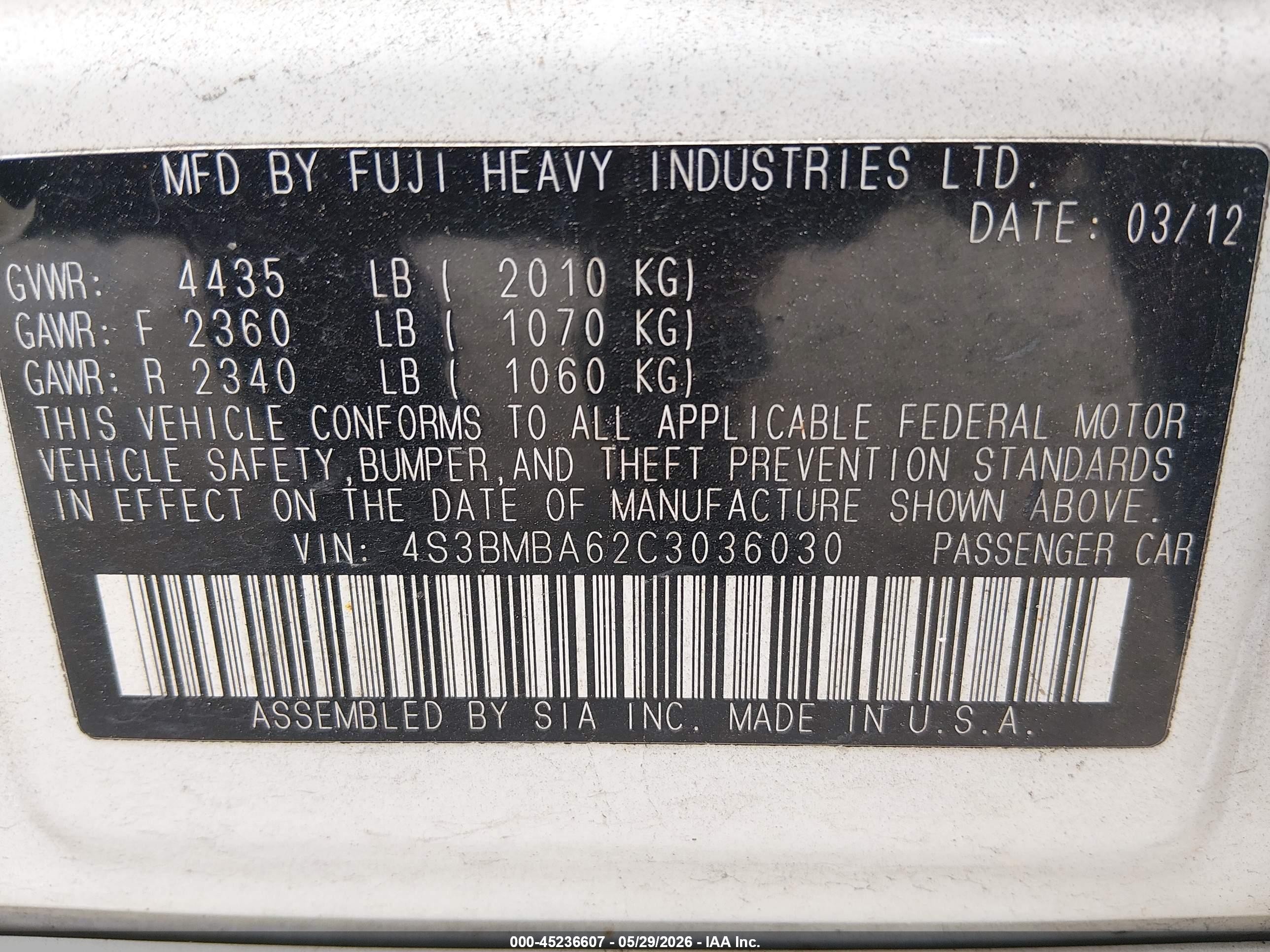 2012 Subaru Legacy 2.5i Белый vin: 4S3BMBA62C3036030